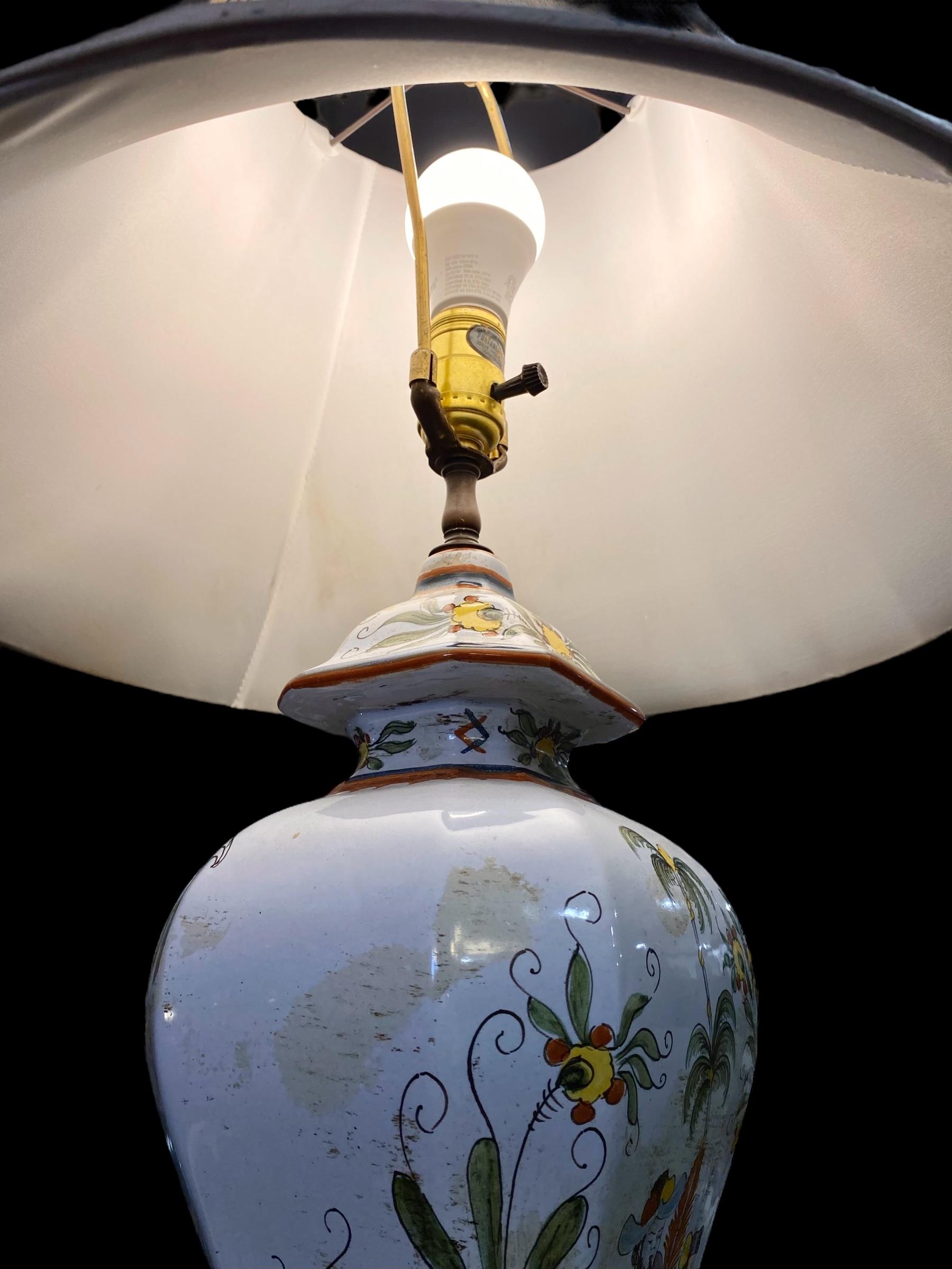 Italian Faience Chinoiserie Design Table Lamp Embroidered Shade 4