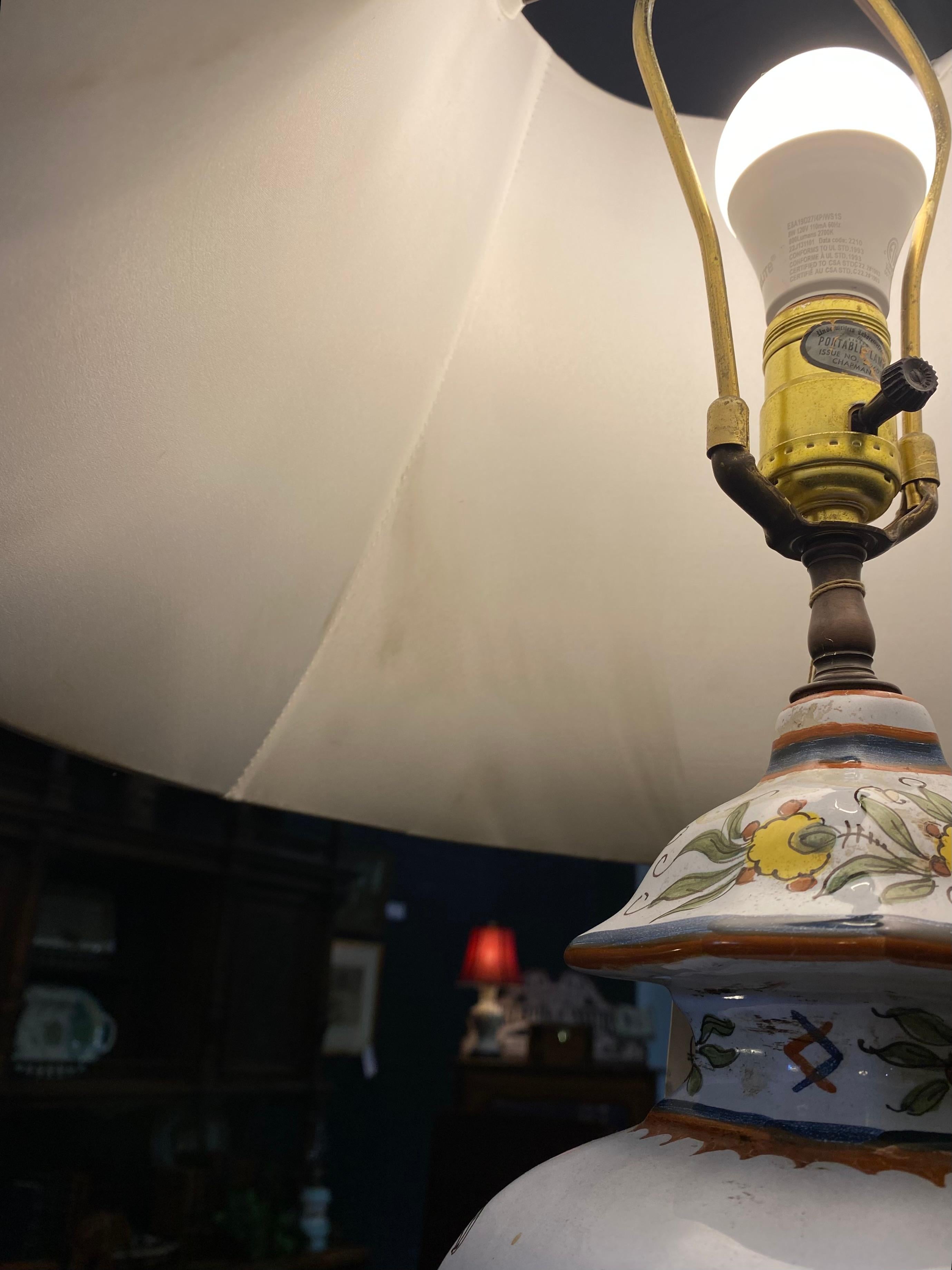 Italian Faience Chinoiserie Design Table Lamp Embroidered Shade 6