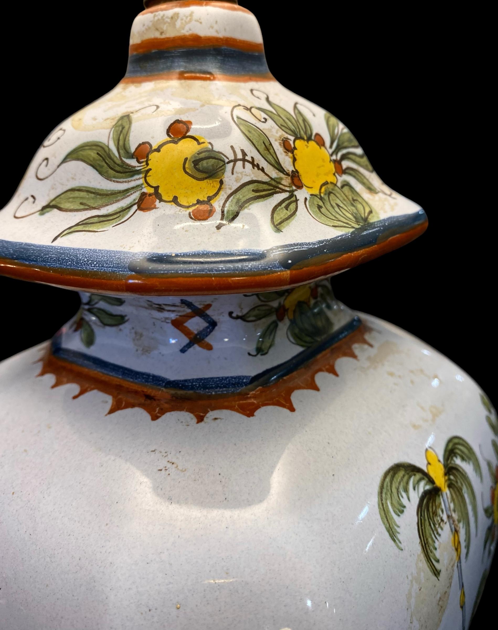 A vintage 1960's Italian hand painted faience vase table lamp in a stunning chinoiserie pattern, along with a lovely embroidered shade and crystal ball finial. 

Chinoiserie is an art form inspired by the world. The blend of elegant European design