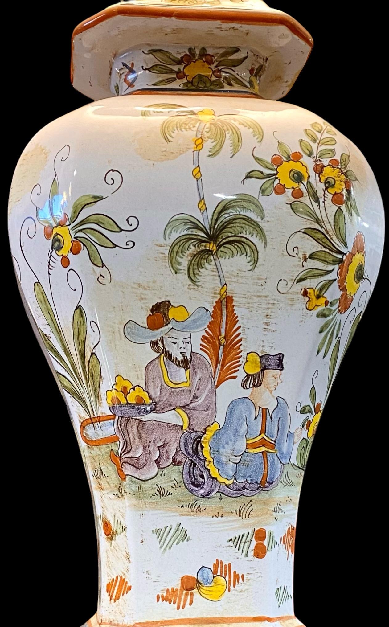 Hand-Painted Italian Faience Chinoiserie Design Table Lamp Embroidered Shade