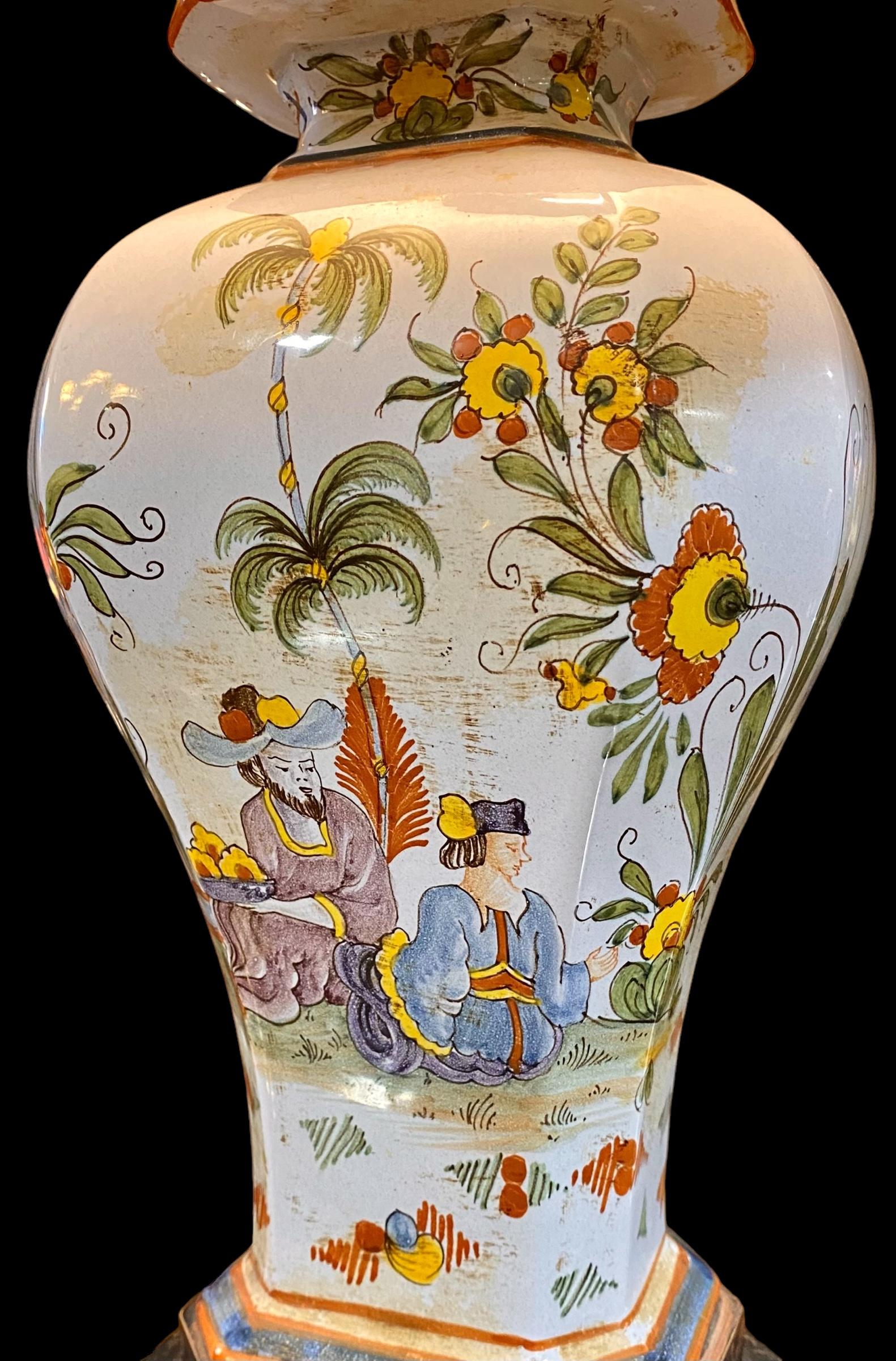 Italian Faience Chinoiserie Design Table Lamp Embroidered Shade 1