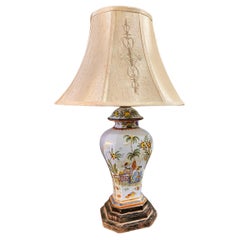 Italian Faience Chinoiserie Design Table Lamp Embroidered Shade