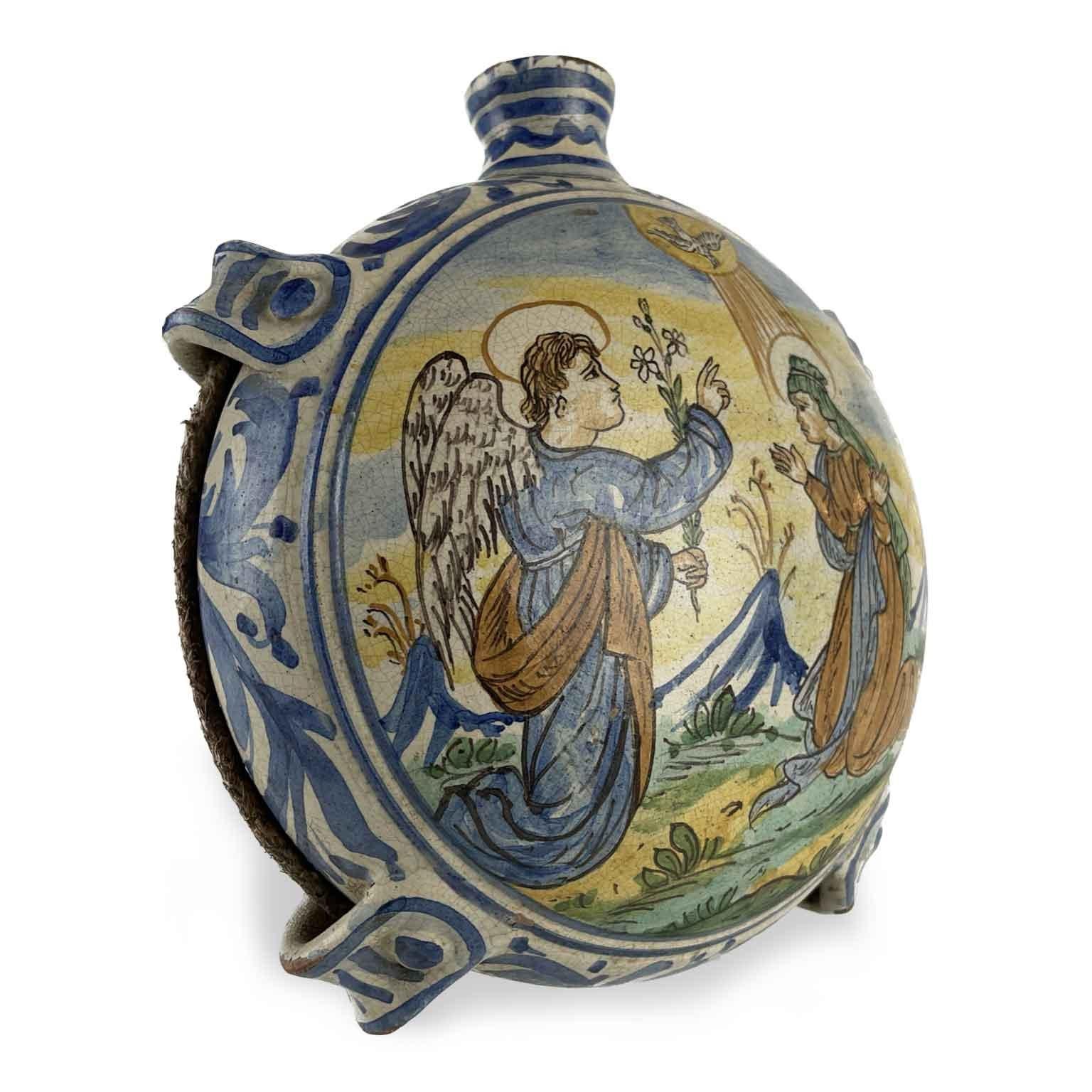 Renaissance Revival Italian Faience Pilgrim Bottles Pair of 19th Century Italian Moon Flasks