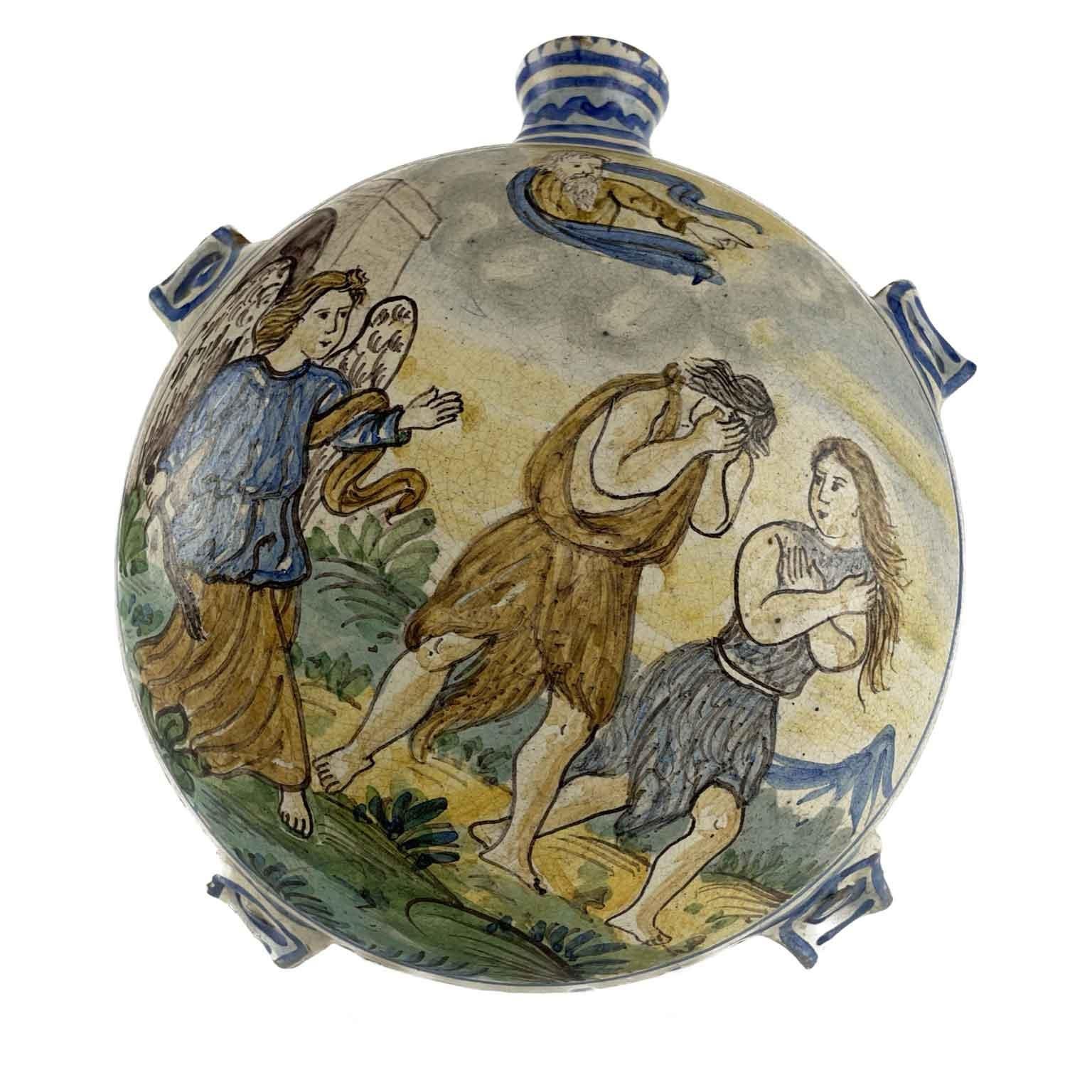 Hand-Crafted Italian Faience Pilgrim Bottles Pair of 19th Century Italian Moon Flasks