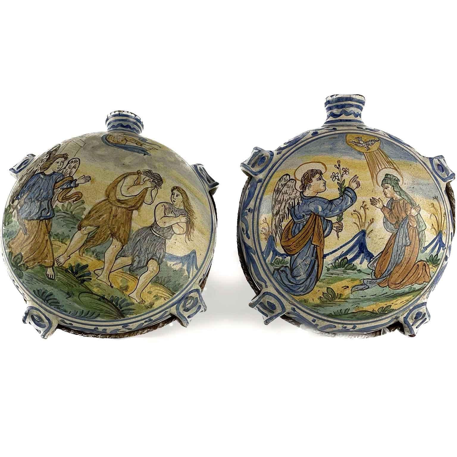 Italian Faience Pilgrim Bottles Pair of 19th Century Italian Moon Flasks 2