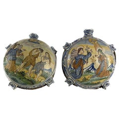 Antique Italian Faience Pilgrim Bottles Pair of 19th Century Italian Moon Flasks