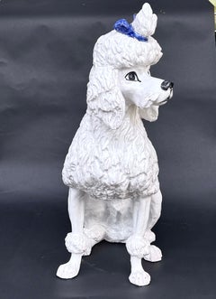Italian Faience Poodle Figure, White Glaze with Blue Bow, Mid-20th Century