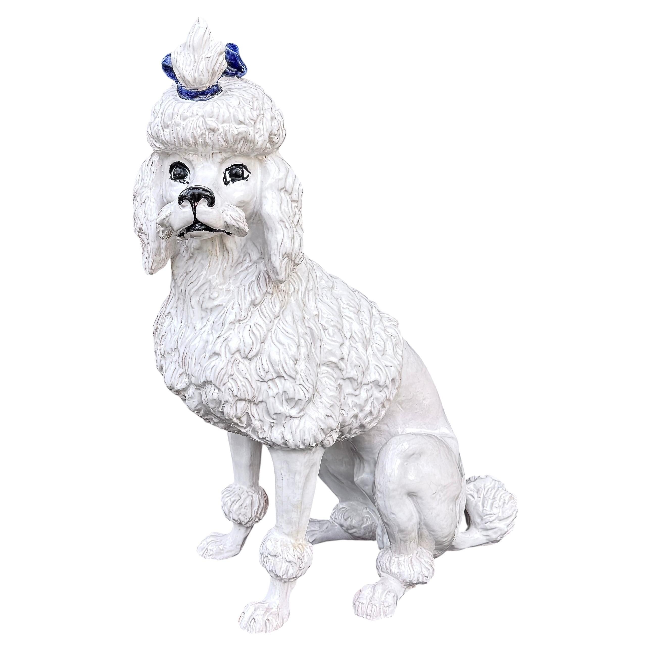 Italian Faience Poodle Figure, White Glaze with Blue Bow, Mid-20th Century