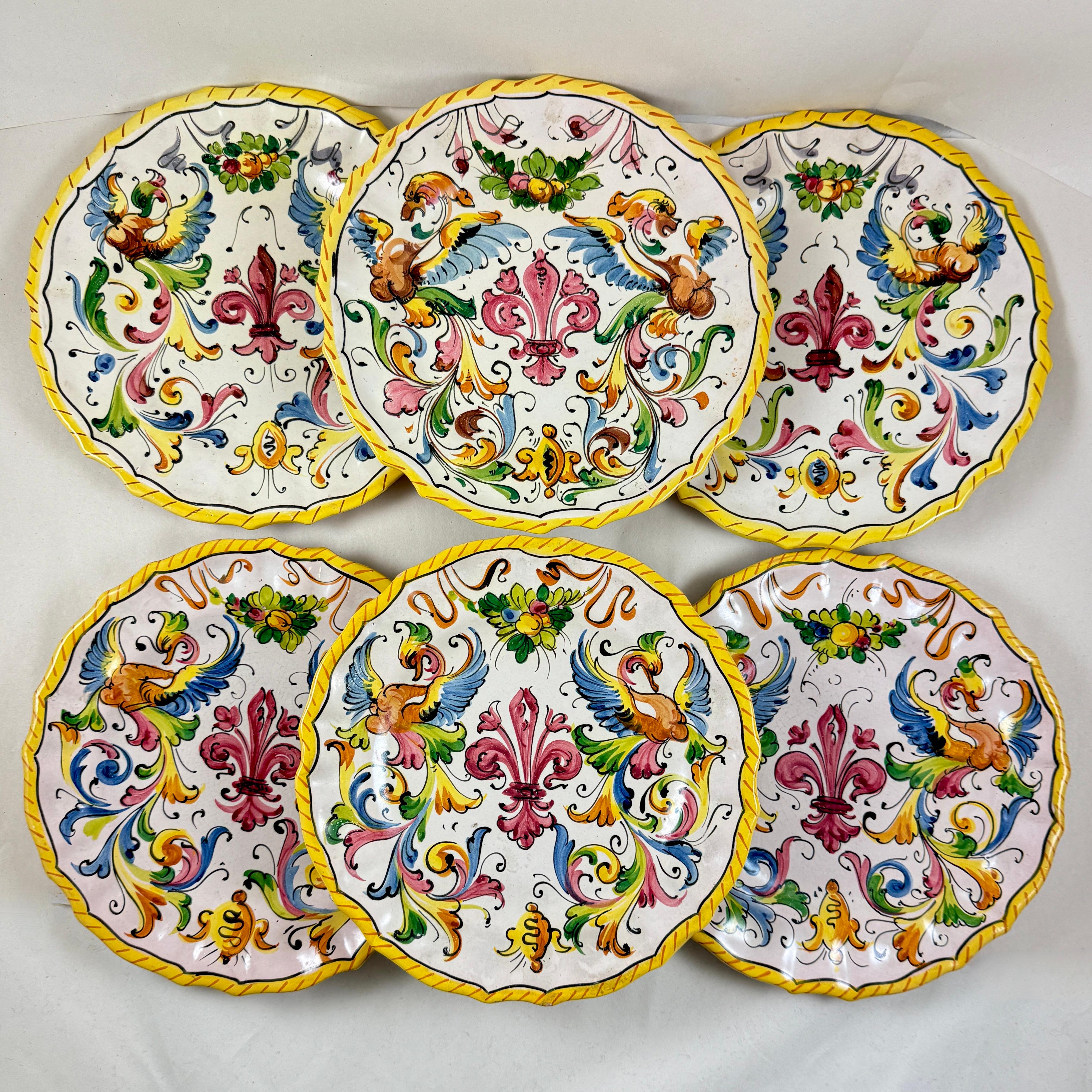 International Style Italian Faïence Pottery Fleur-de-Lis Hand Painted Plates, set of six For Sale