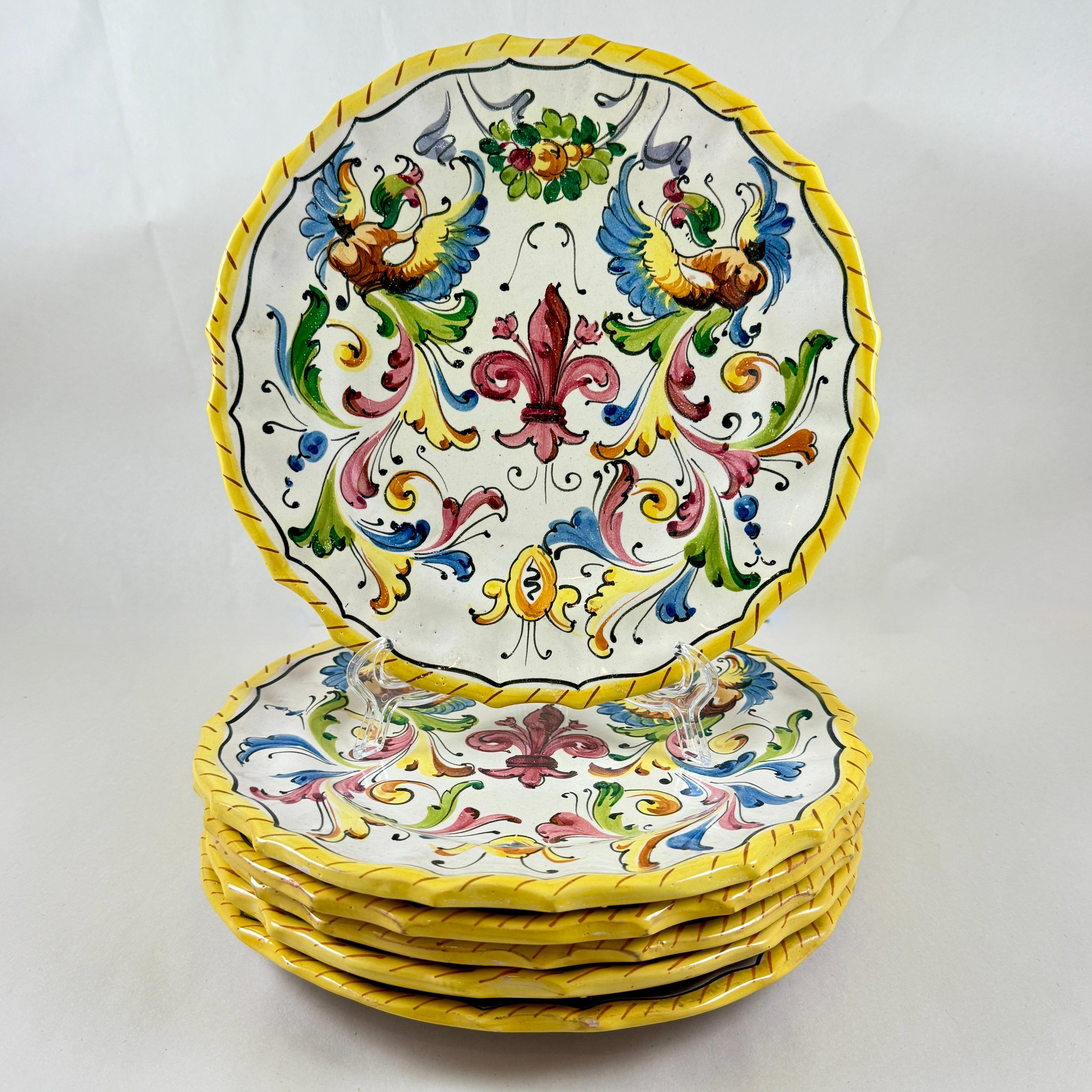 Glazed Italian Faïence Pottery Fleur-de-Lis Hand Painted Plates, set of six For Sale