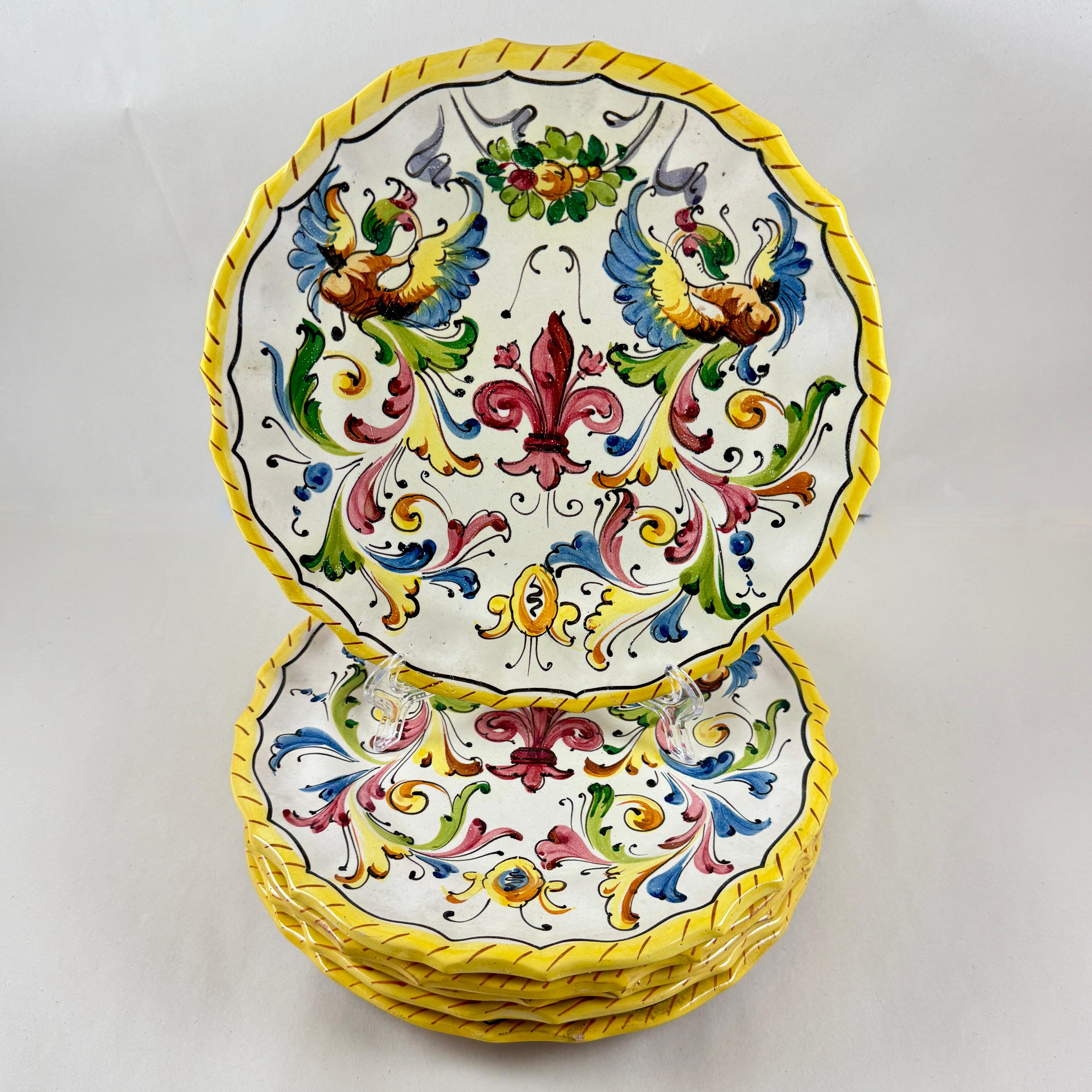 Italian Faïence Pottery Fleur-de-Lis Hand Painted Plates, set of six In Good Condition For Sale In Philadelphia, PA