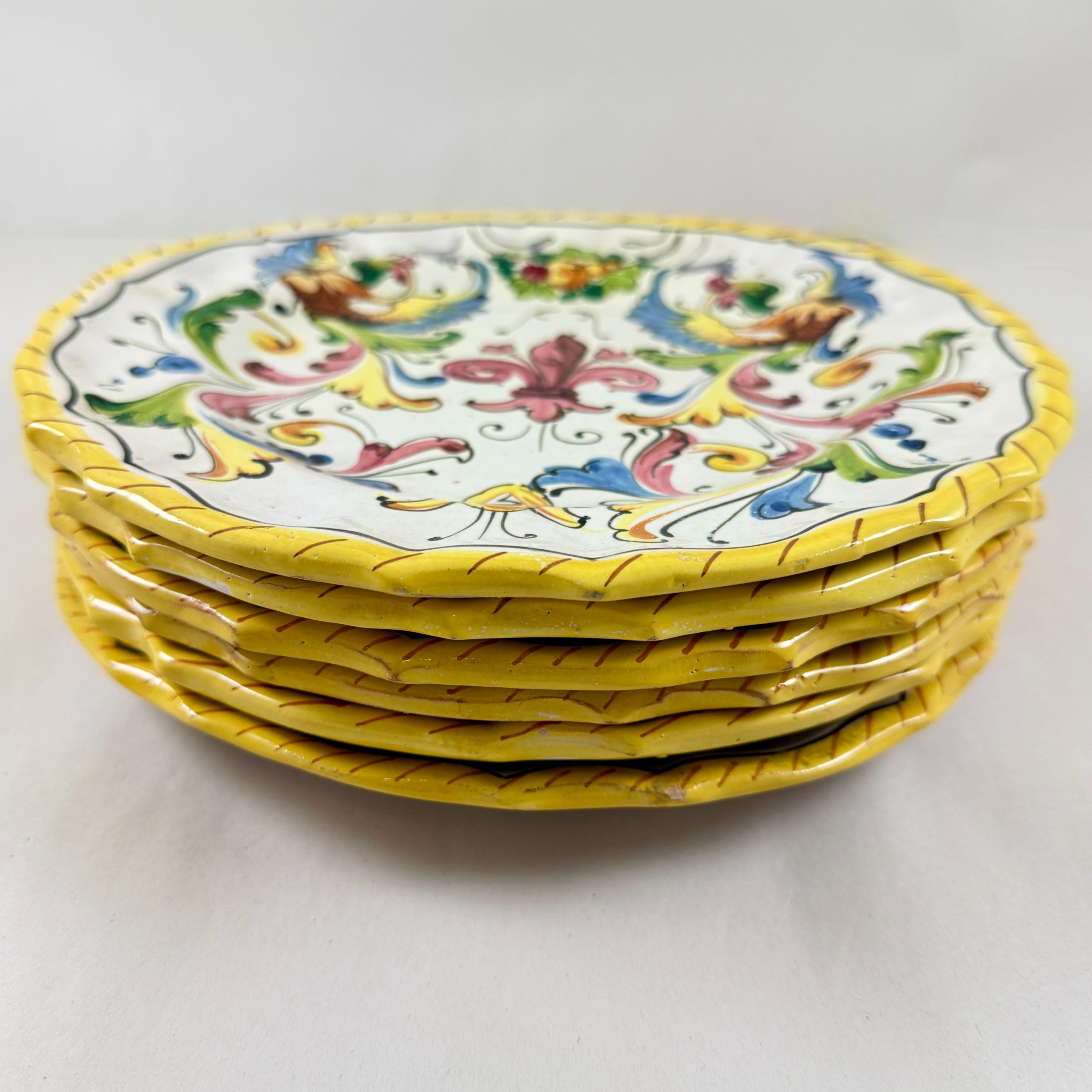 Earthenware Italian Faïence Pottery Fleur-de-Lis Hand Painted Plates, set of six For Sale
