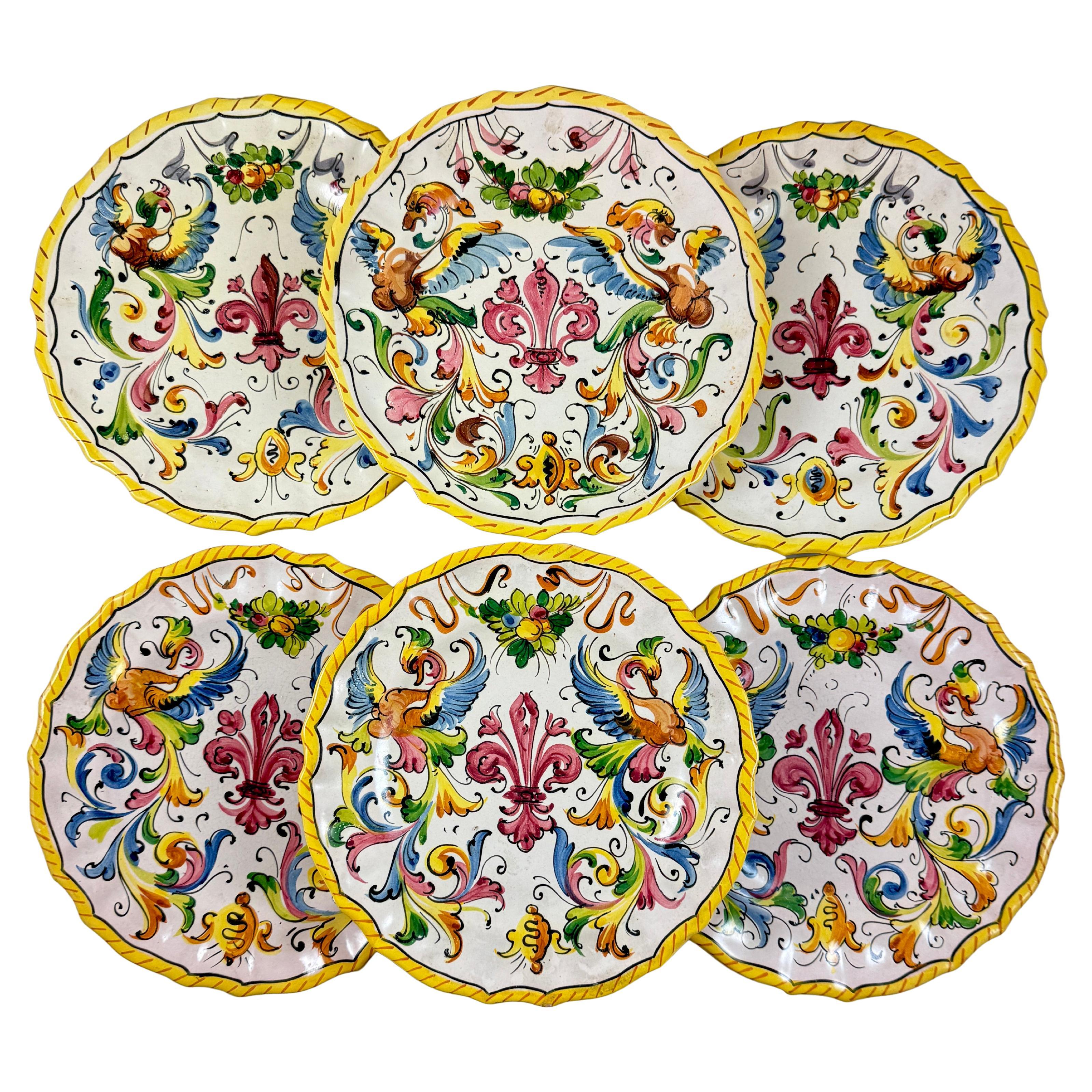 Italian Faïence Pottery Fleur-de-Lis Hand Painted Plates, set of six