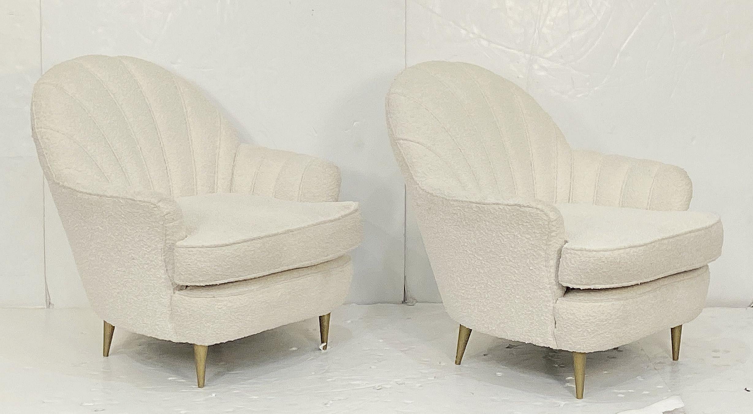 Art Deco Italian Fan Back Lounge Chairs Upholstered in Boucle Fabric - Two Available For Sale