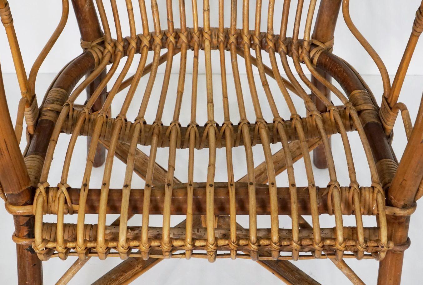 Italian Fan-Backed Arm Chairs of Rattan and Bamboo from the Mid-20th Century For Sale 5