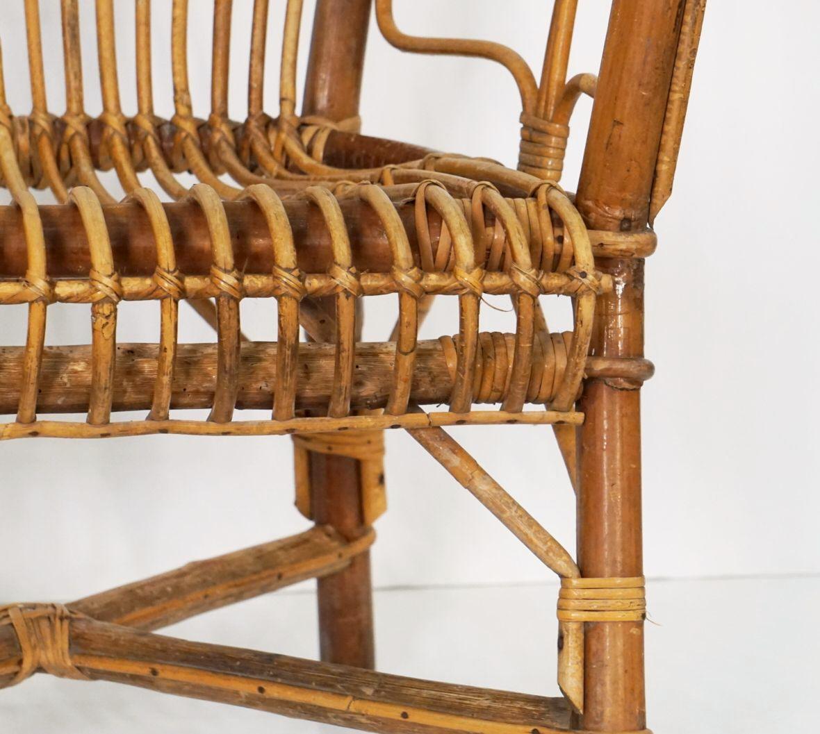 Italian Fan-Backed Arm Chairs of Rattan and Bamboo from the Mid-20th Century For Sale 8