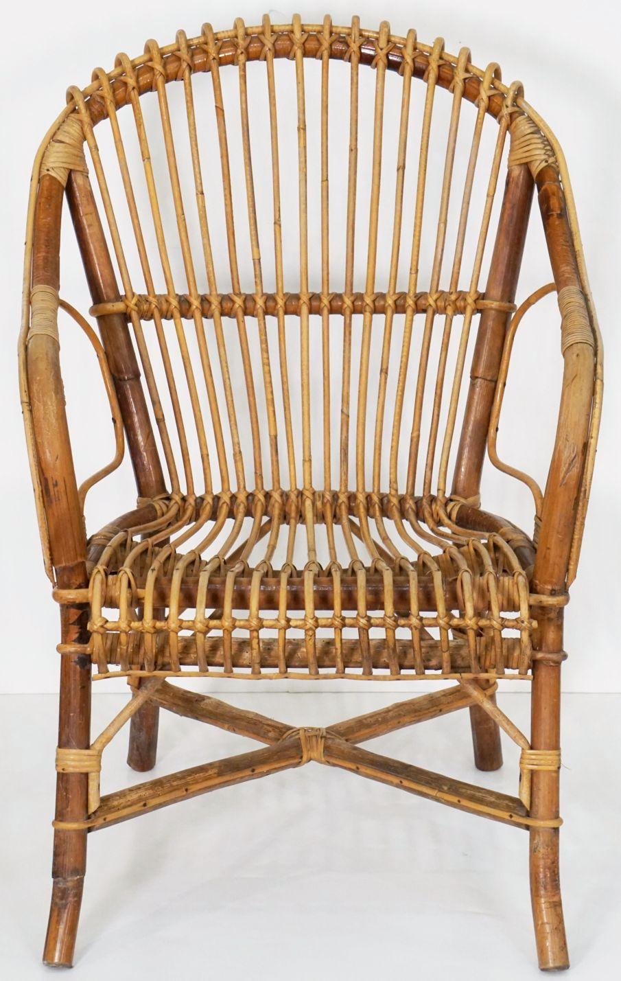 Mid-Century Modern Italian Fan-Backed Arm Chairs of Rattan and Bamboo from the Mid-20th Century For Sale