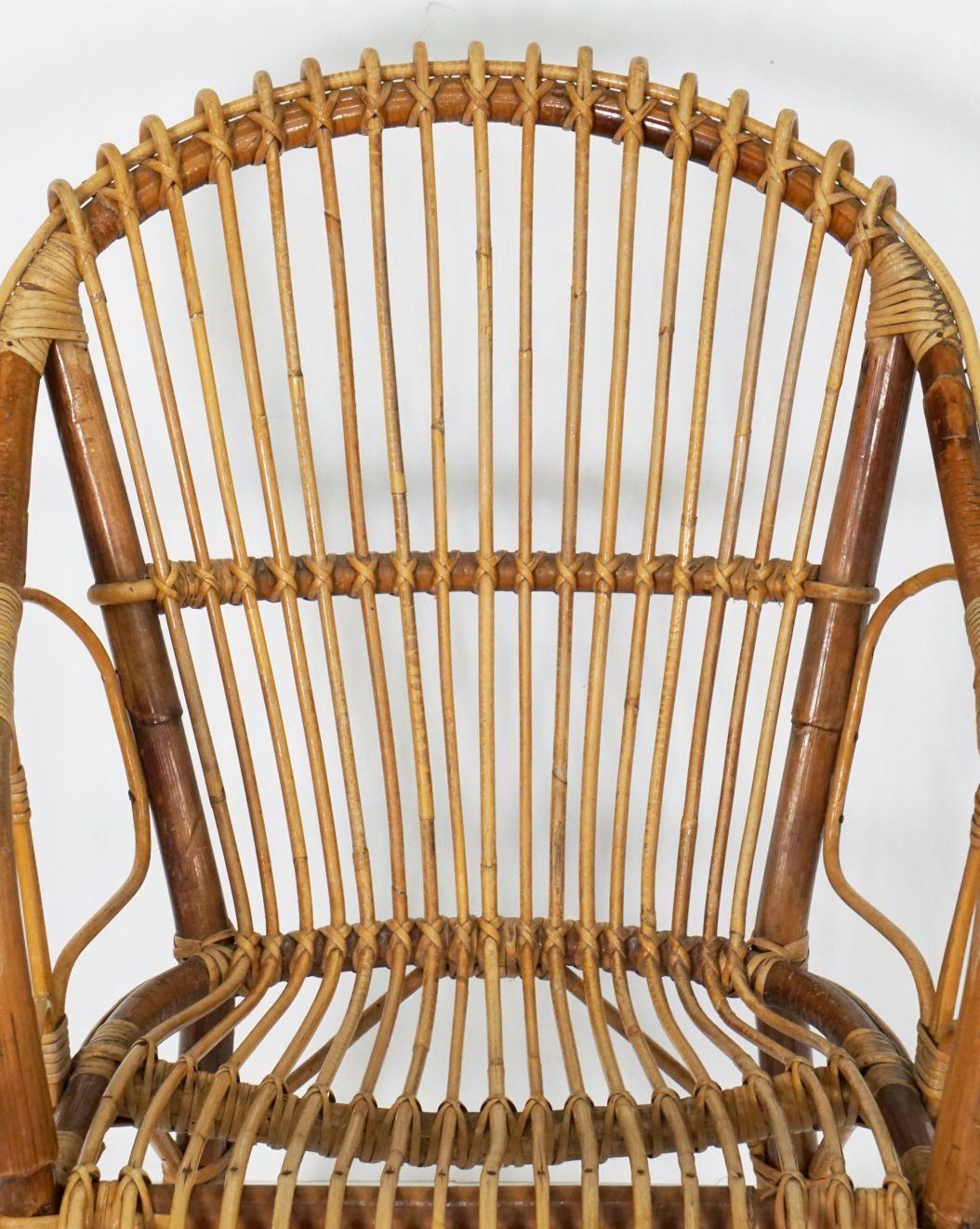 Wicker Italian Fan-Backed Arm Chairs of Rattan and Bamboo from the Mid-20th Century For Sale