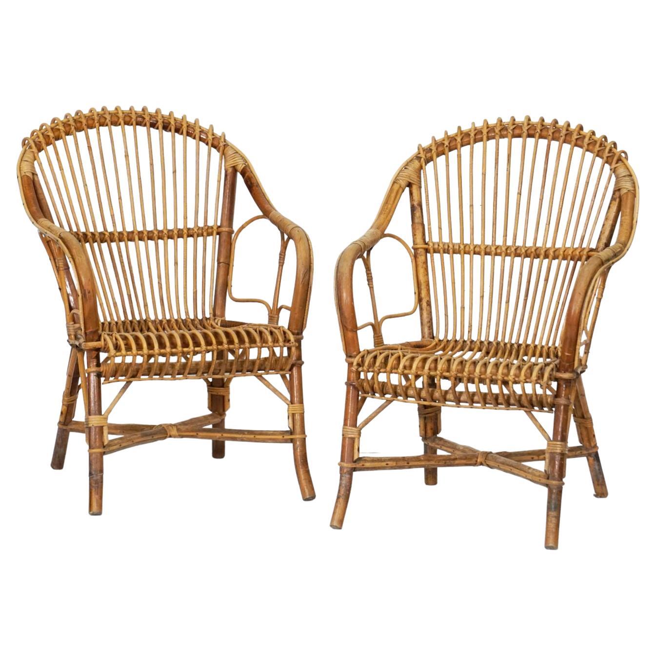 Italian Fan-Backed Arm Chairs of Rattan and Bamboo from the Mid-20th Century For Sale