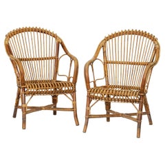 Italian Fan-Backed Arm Chairs of Rattan and Bamboo from the Mid-20th Century