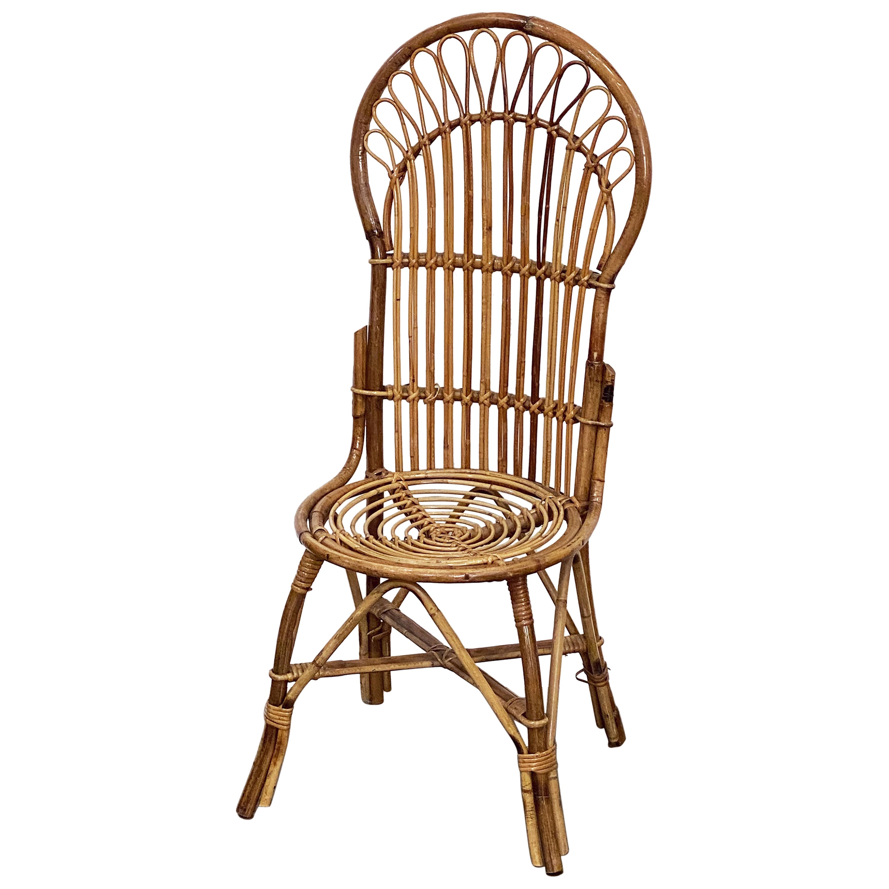 Italienischer italienischer Rattan- oder Bambusstuhl mit Fächerrücken aus der Mitte des 20. Jahrhunderts