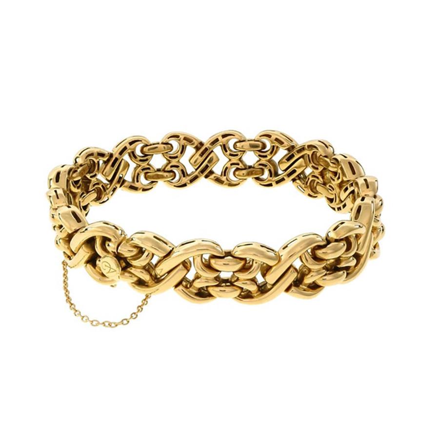 Italian Fancy Gold Wide Link Bracelet In Excellent Condition For Sale In Stamford, CT