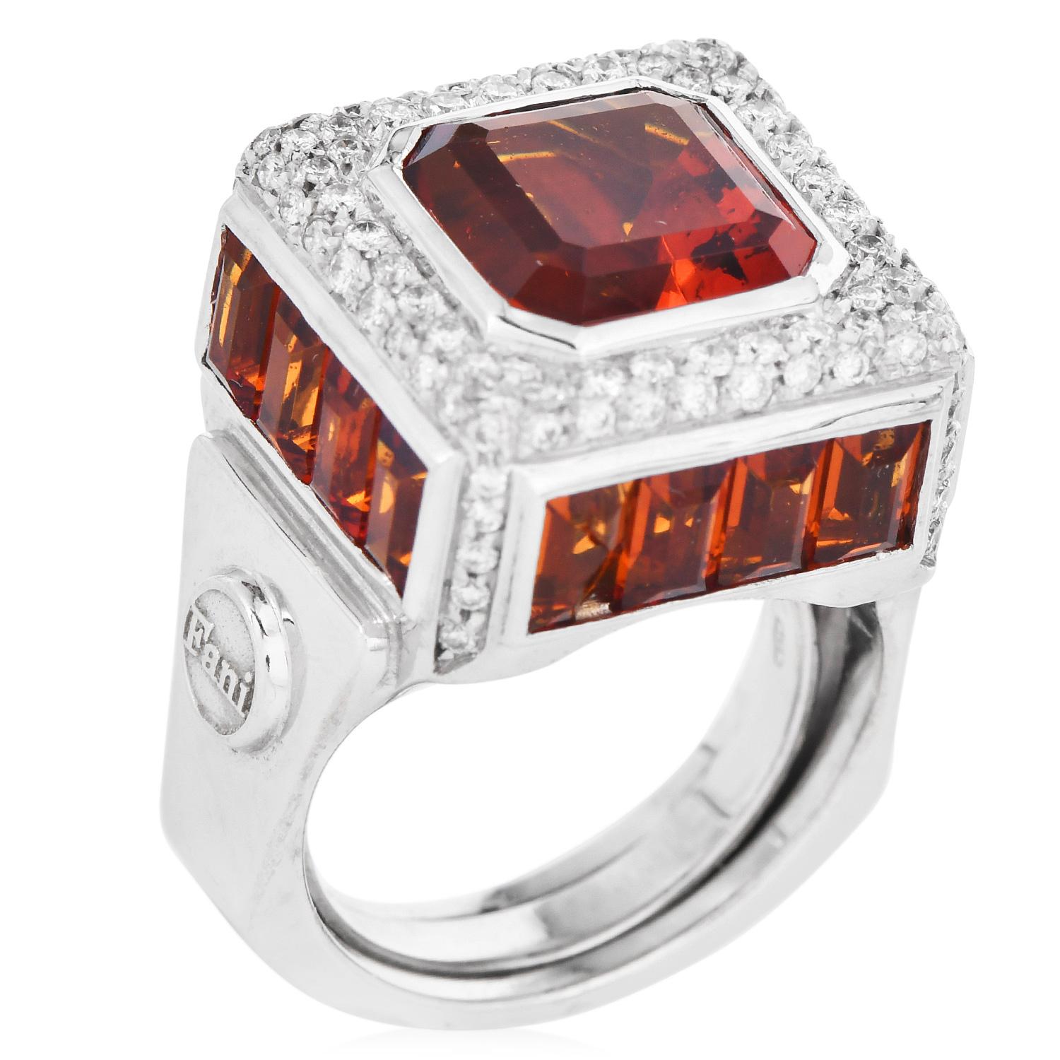 This exquisite  Italian Designer Fani Squared-shaped cocktail ring is crafted in solid 18k white gold.

The center exposes one Asscher-cut Citrine weighing approx. 5.00 carats and set in bezel. Surrounded by extra white and clean Diamonds and sided