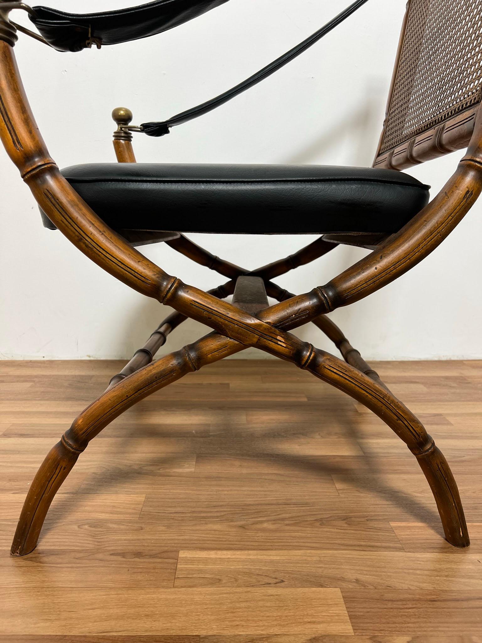 Italian Faux Bamboo and Cane Campaign Style Chair Circa 1960s In Good Condition In Peabody, MA