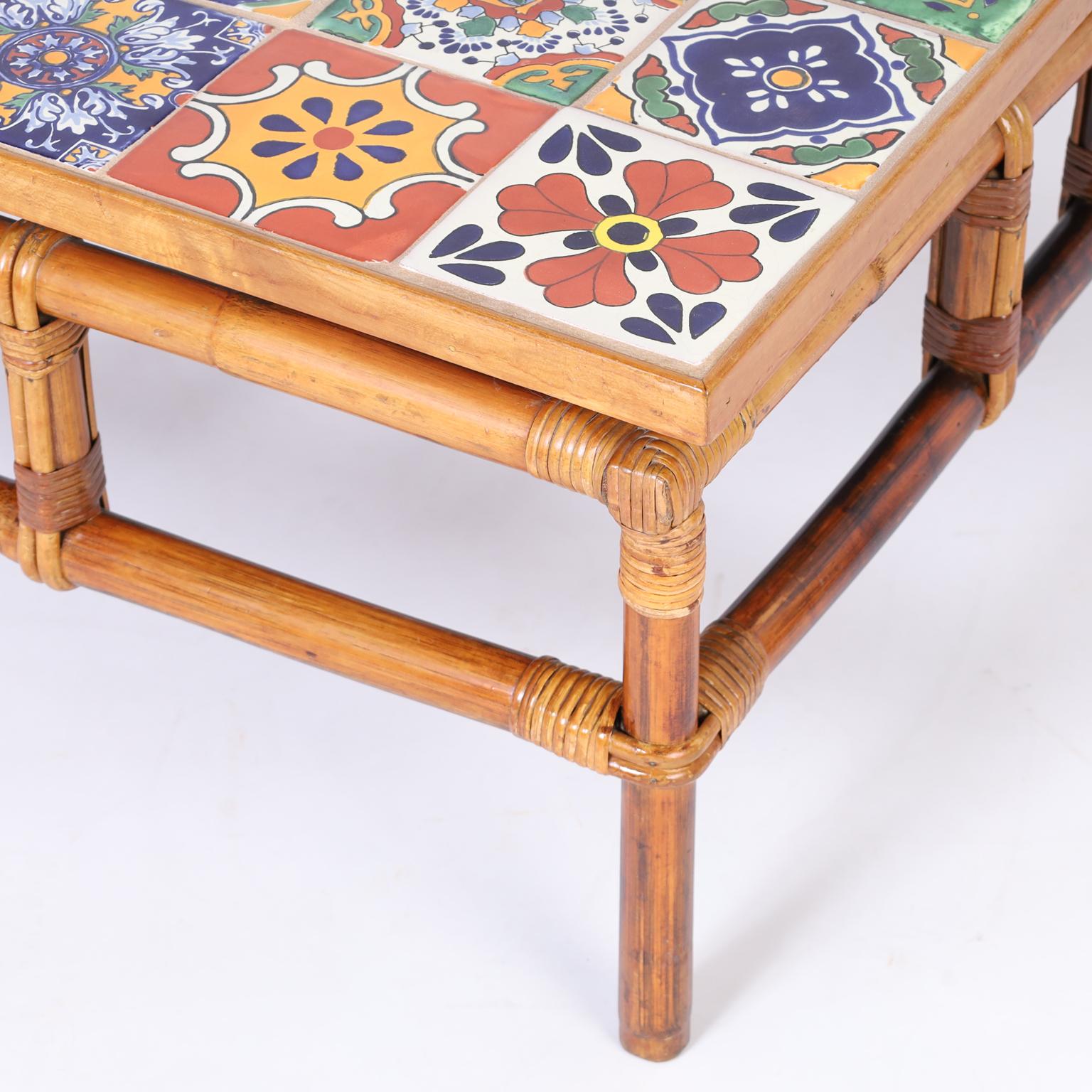 Italian Faux Bamboo and Tile Top Coffee Table In Good Condition For Sale In Palm Beach, FL