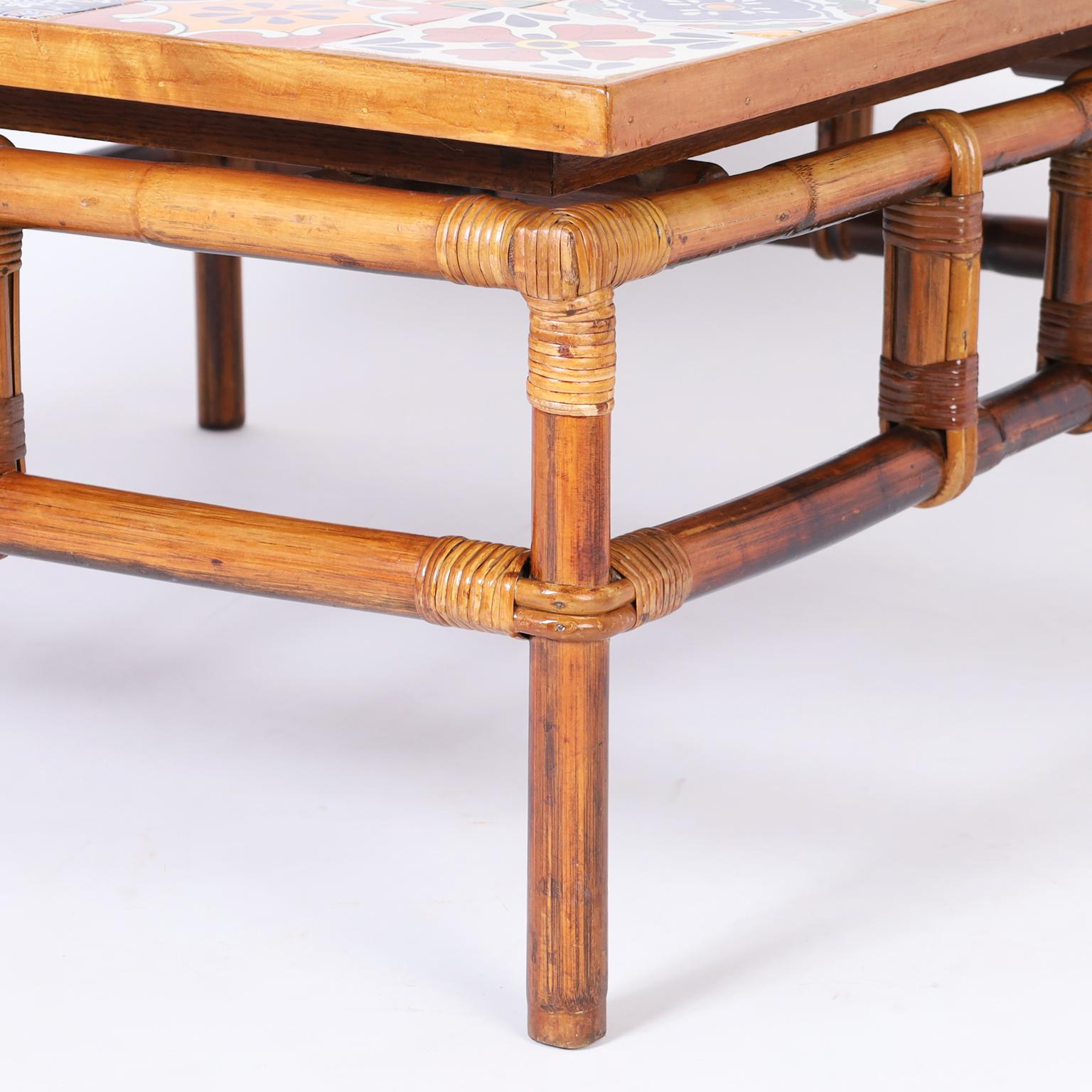 Italian Faux Bamboo and Tile Top Coffee Table For Sale 1