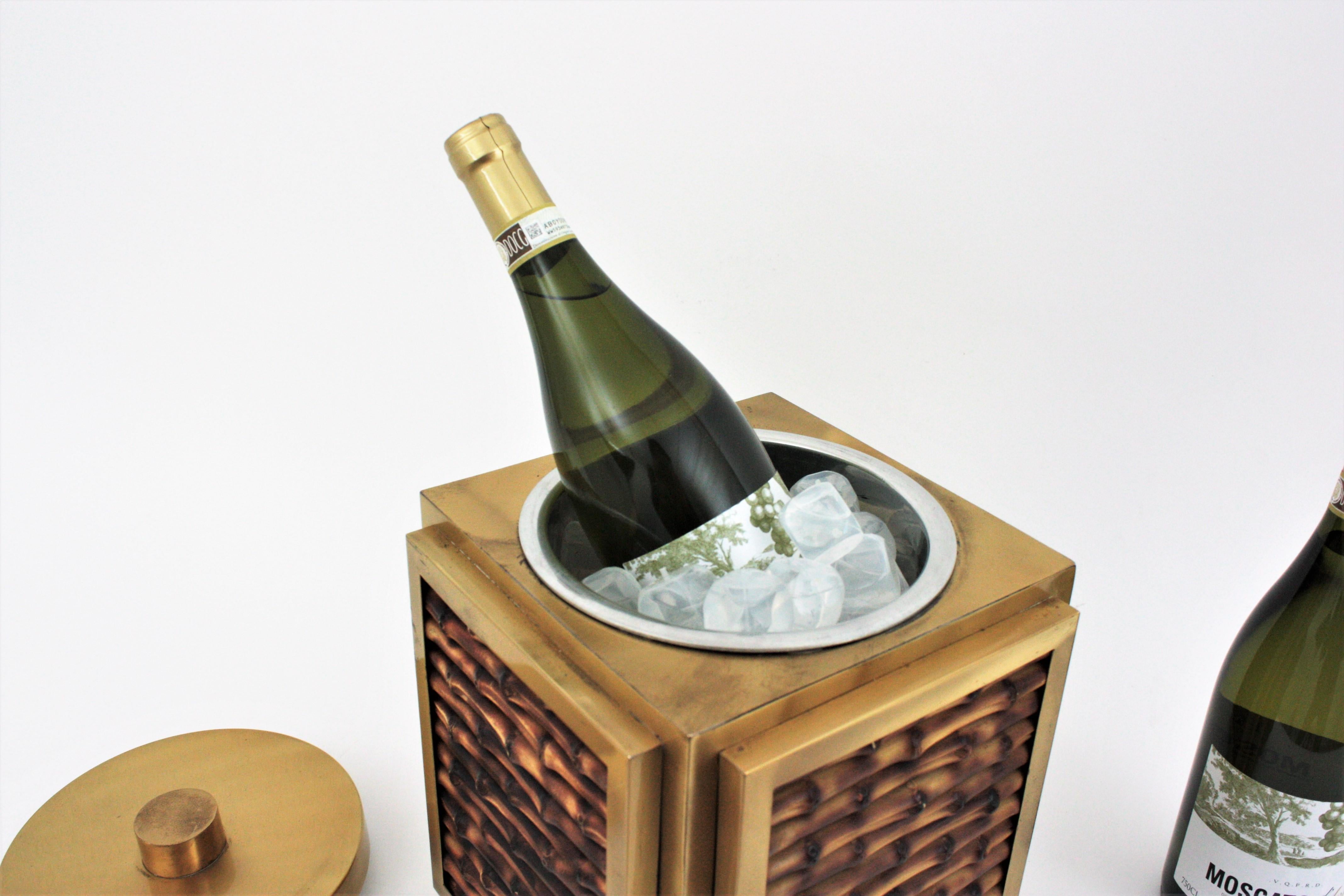 Mid-Century Modern Italian Faux Bamboo Champagne Wine Cooler Ice Bucket, Ceramic and Brass For Sale