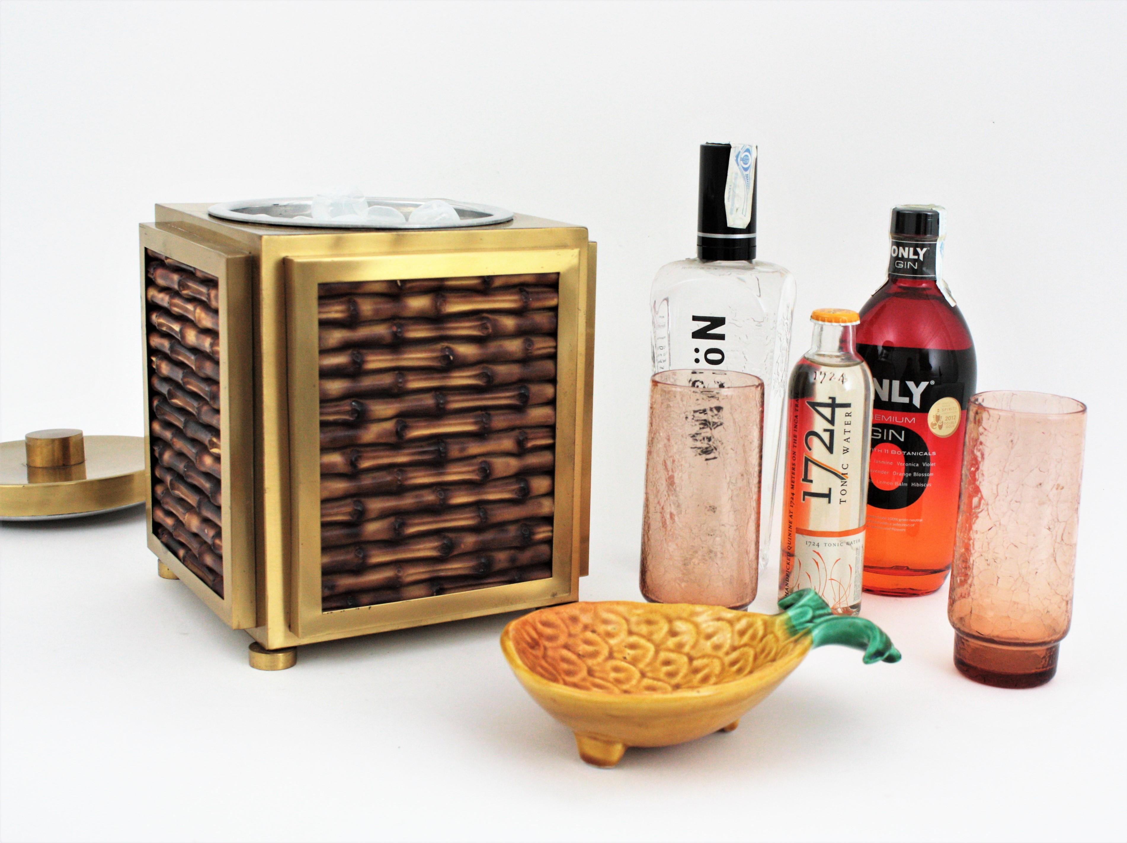 Midcentury Faux Bamboo Wine Cooler Ice Bucket in Ceramic and Brass, Italy 1970 For Sale 1
