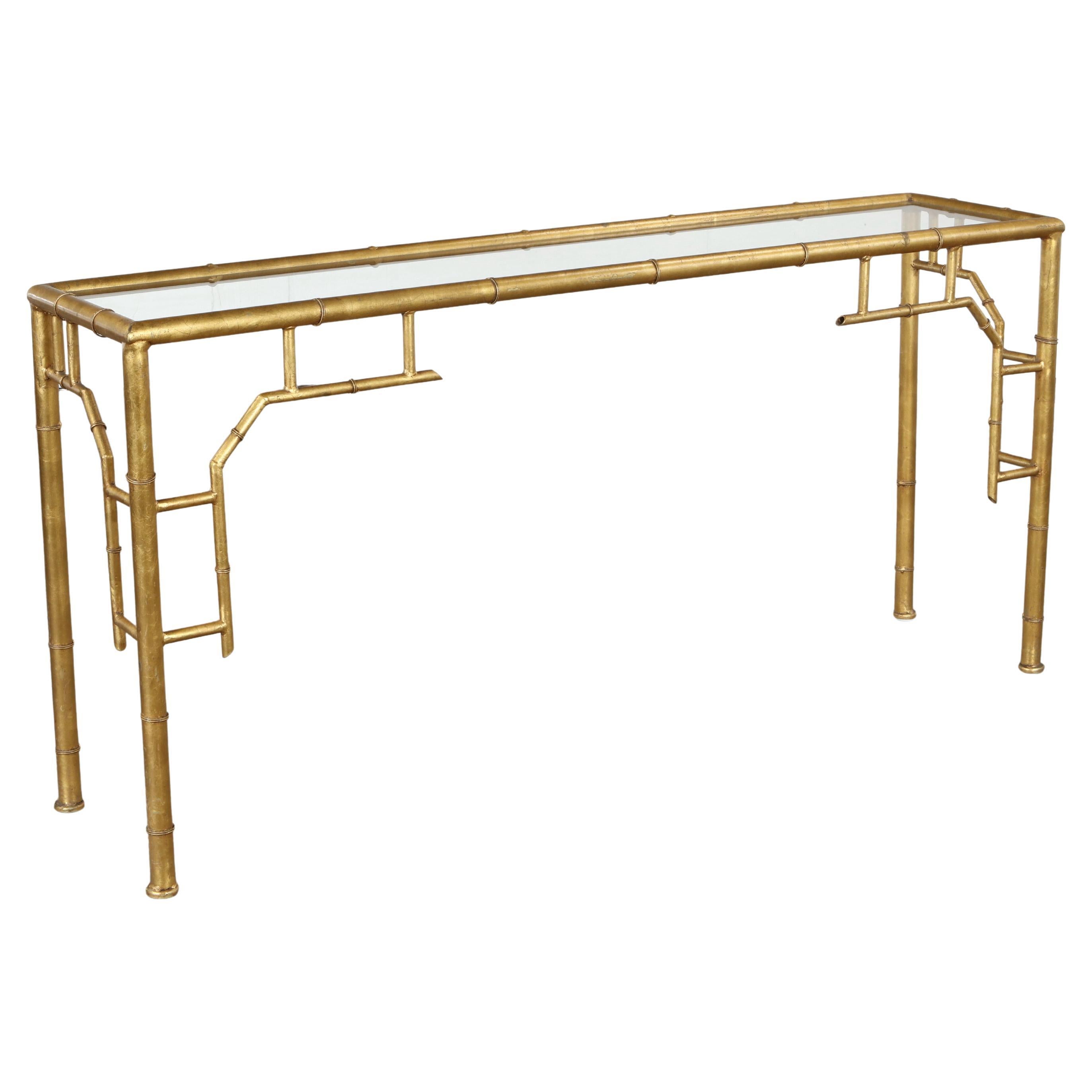Italian Faux Bamboo Gilt Console Table with Glass Top, 1970s