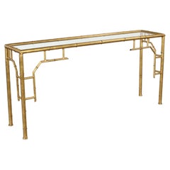 Italian Faux Bamboo Gilt Console Table with Glass Top, 1970s