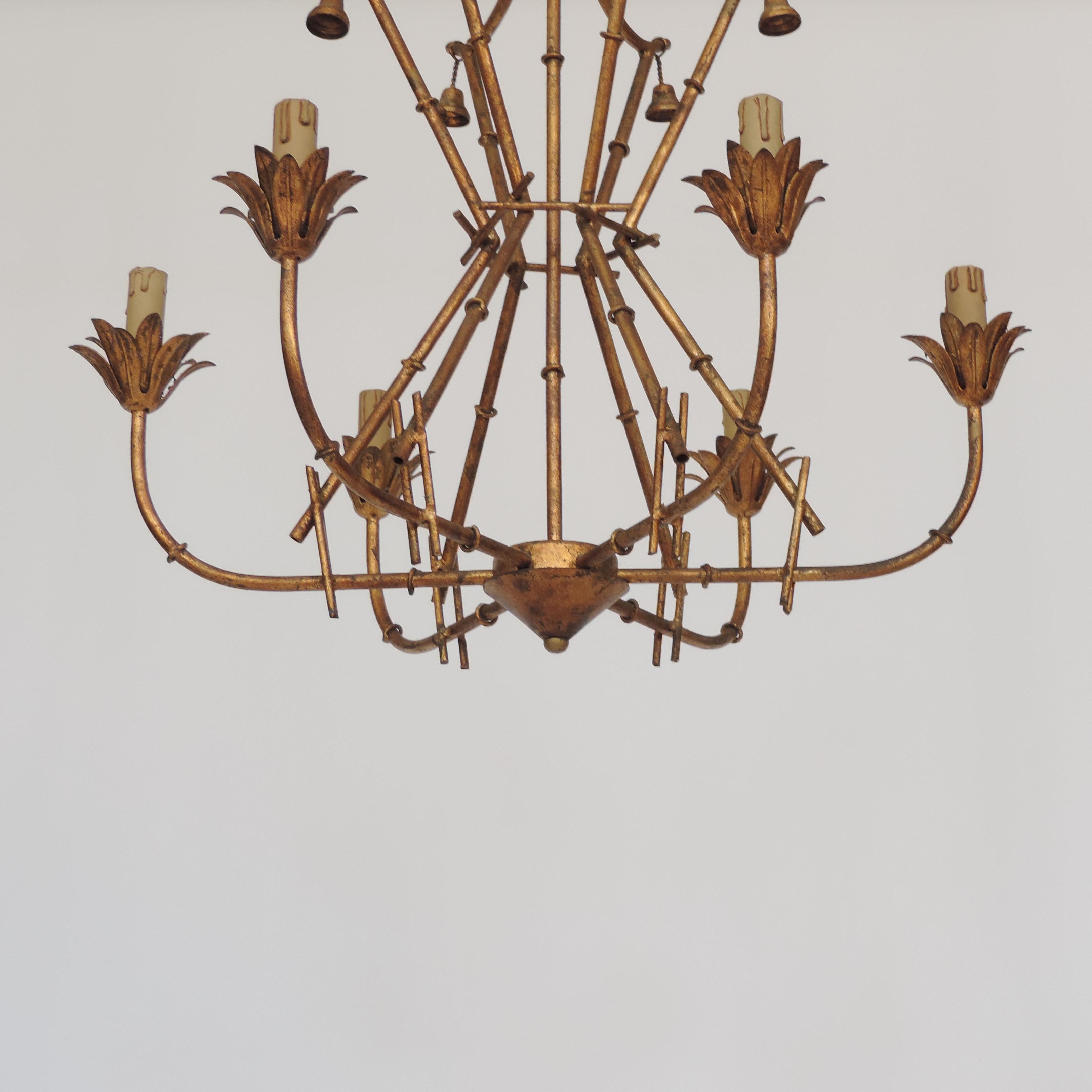 Hollywood Regency Italian Faux Bamboo Metal Ceiling Lamp, 1960s For Sale