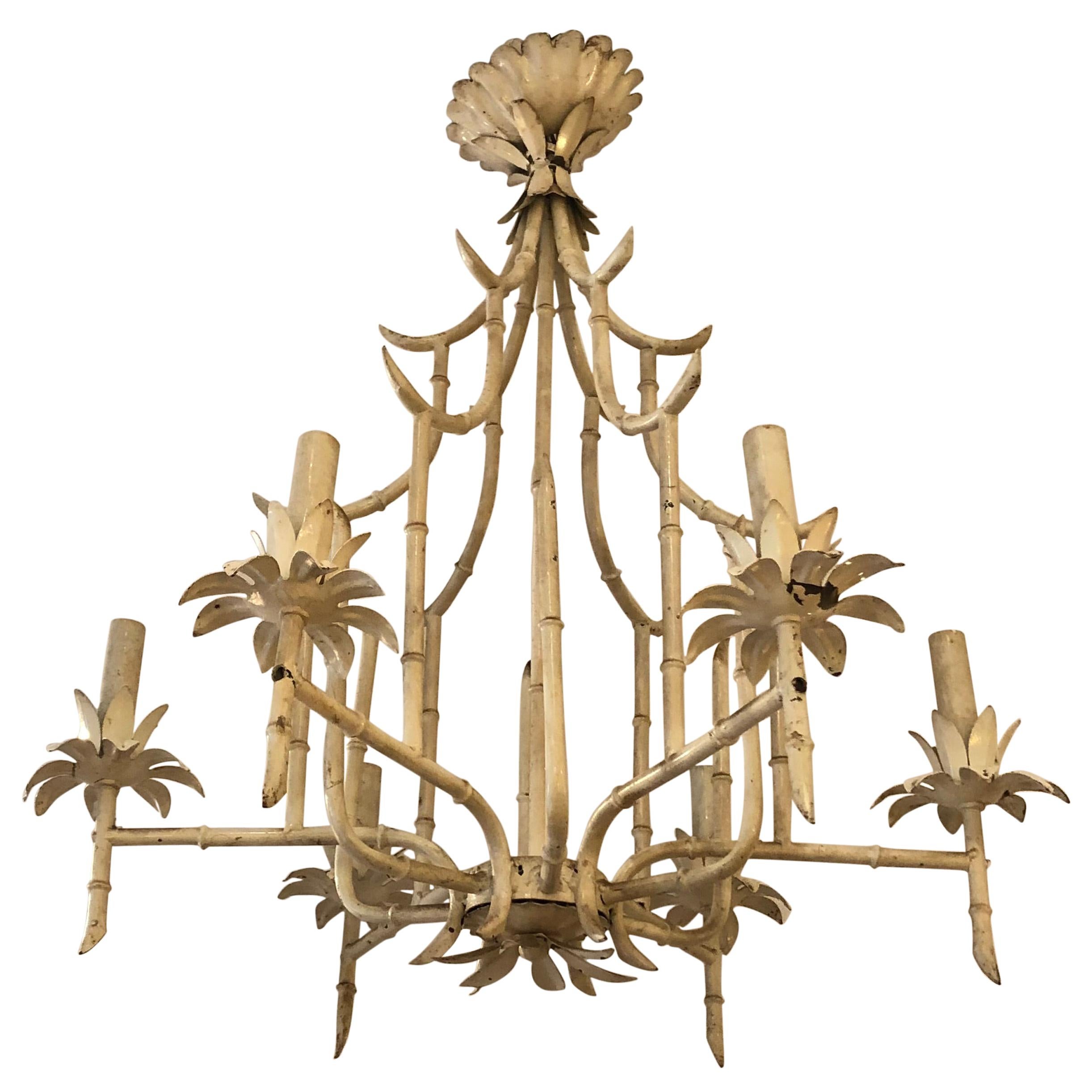 Italian Faux Bamboo Painted Iron and Tole Pagoda Style Chandelier