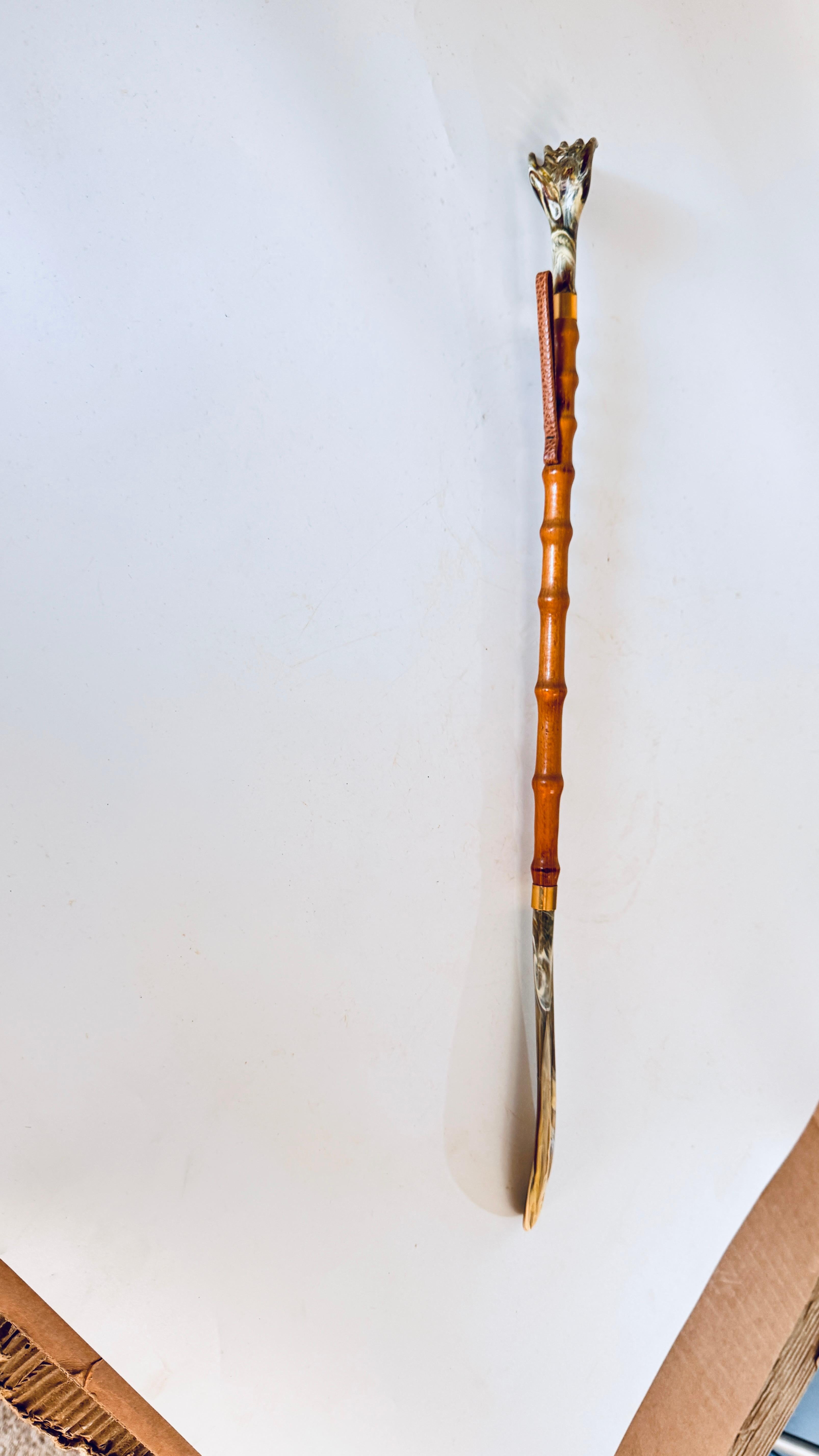 Modern Italian Faux Bamboo Shoehorn and Backscratcher, Italy circa 1960, Brown Color