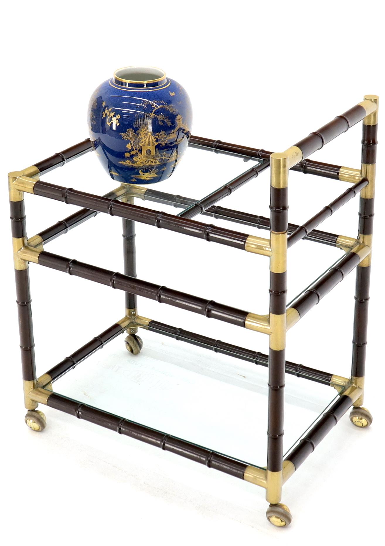 Italian Faux Bamboo Three-Tier Glass Shelves Rolling Serving Cart Bar For Sale 5