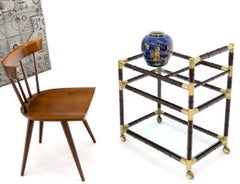 Italian Faux Bamboo Three-Tier Glass Shelves Rolling Serving Cart Bar