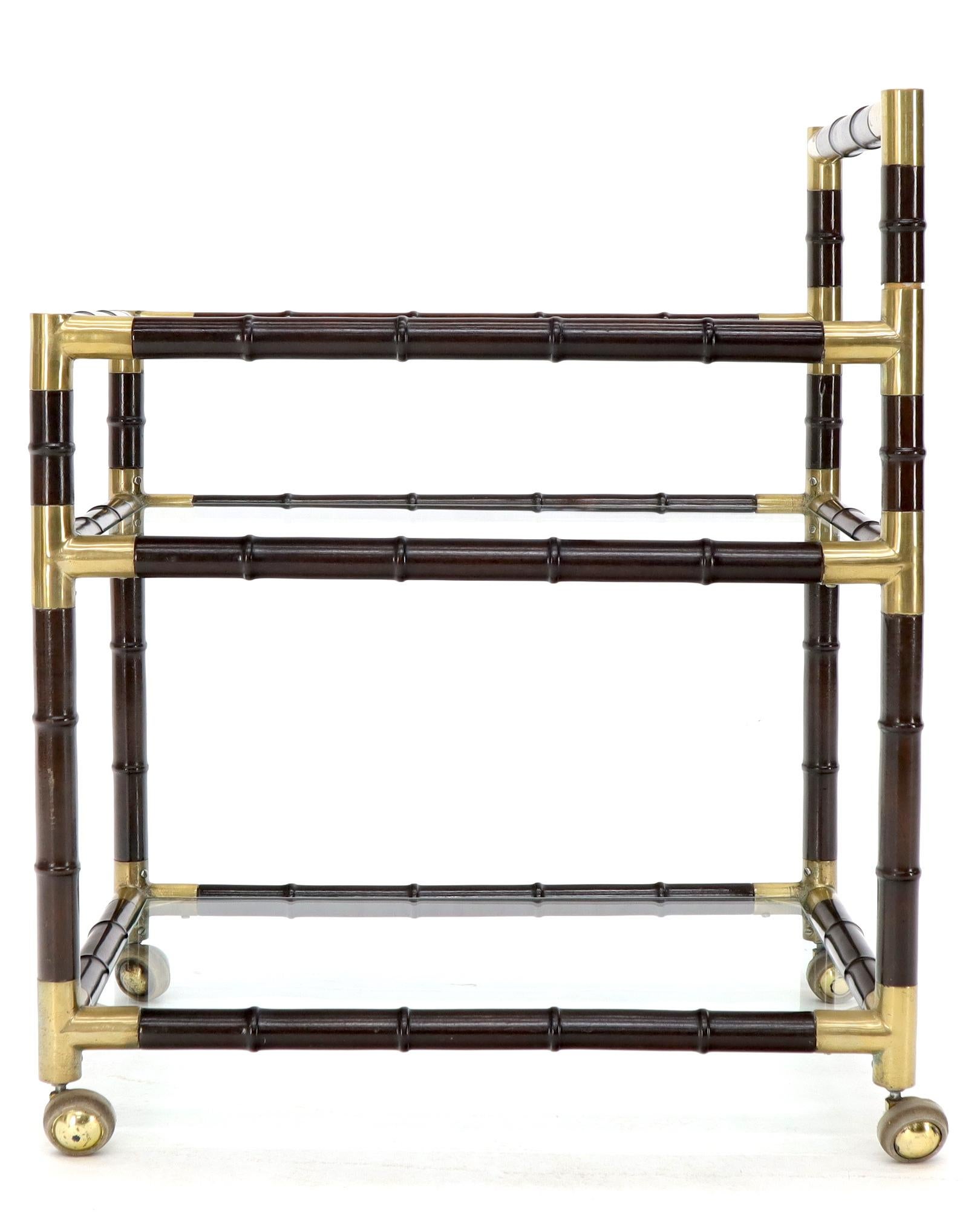 20th Century Italian Faux Bamboo Three-Tier Glass Shelves Rolling Serving Cart Bar For Sale