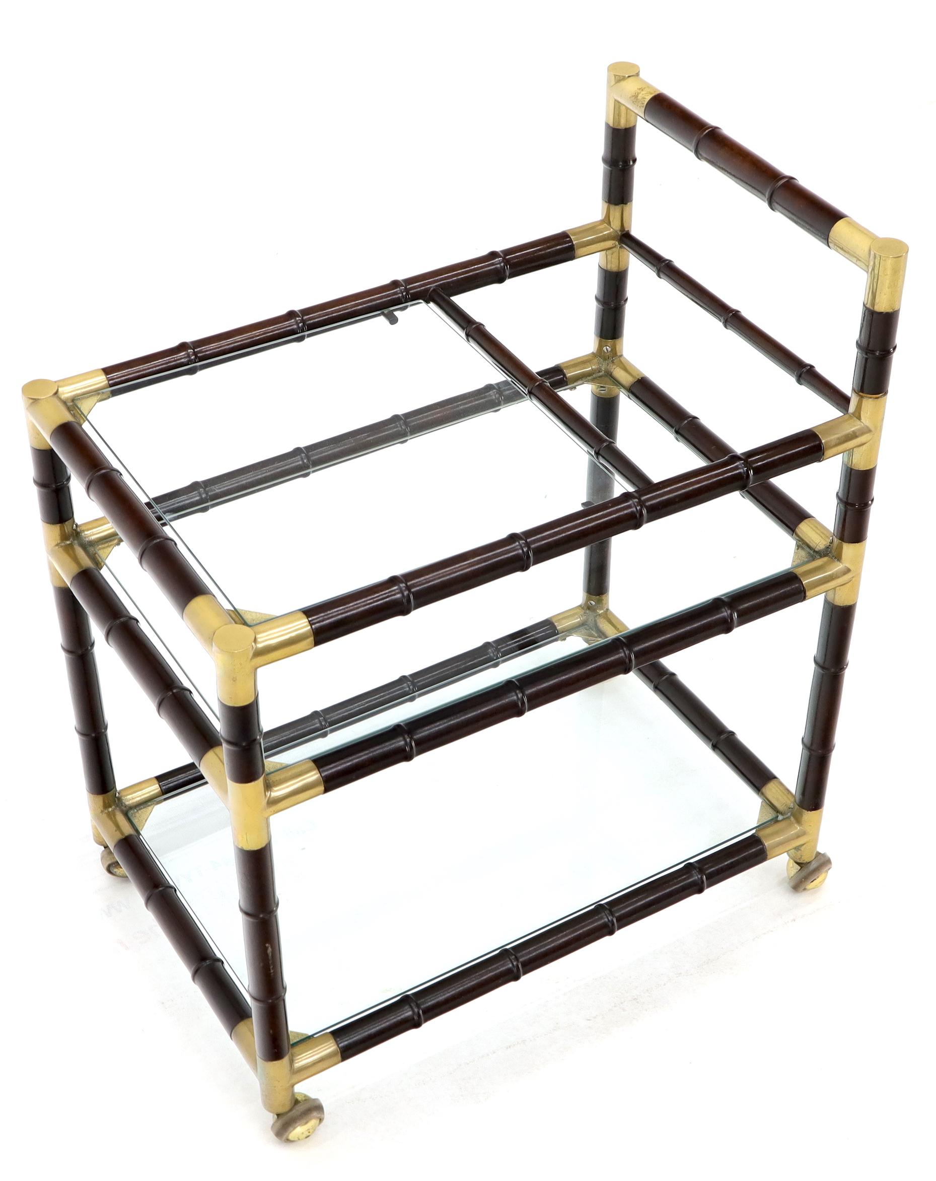 Brass Italian Faux Bamboo Three-Tier Glass Shelves Rolling Serving Cart Bar For Sale