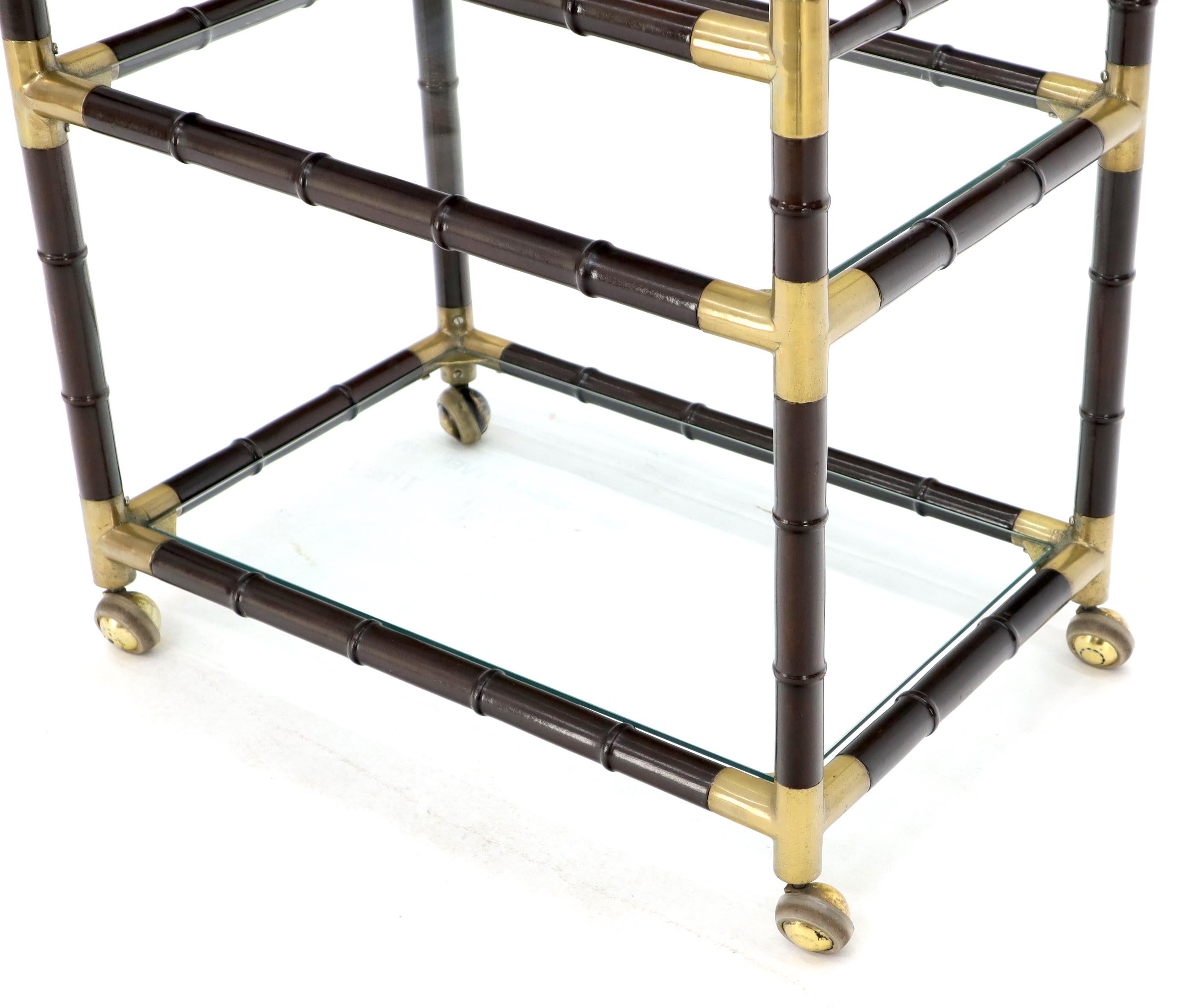 Italian Faux Bamboo Three-Tier Glass Shelves Rolling Serving Cart Bar For Sale 3