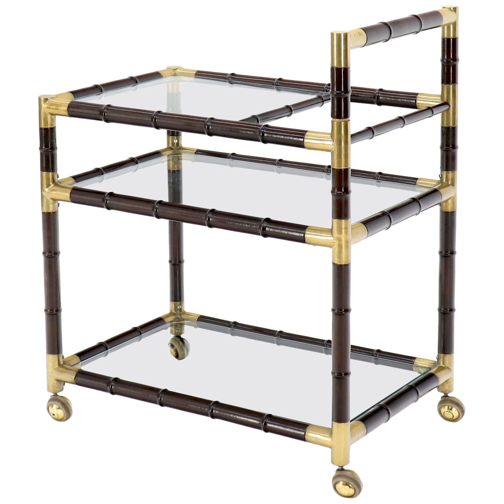 Italian Faux Bamboo Three-Tier Glass Shelves Rolling Serving Cart Bar For Sale
