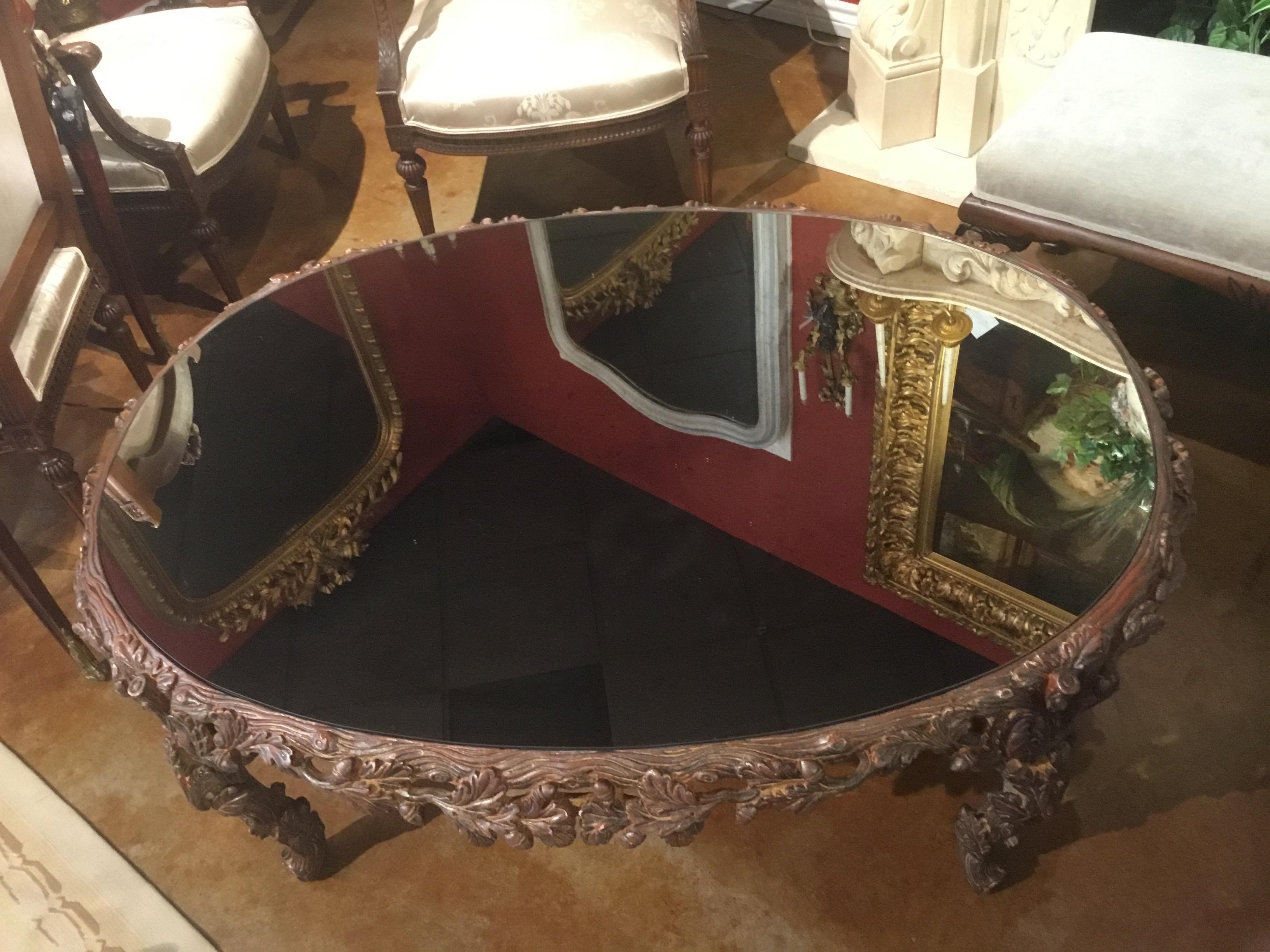 Italian Faux Bois Coffee Table with Bronze Antiqued Mirror Top, Oblong 1