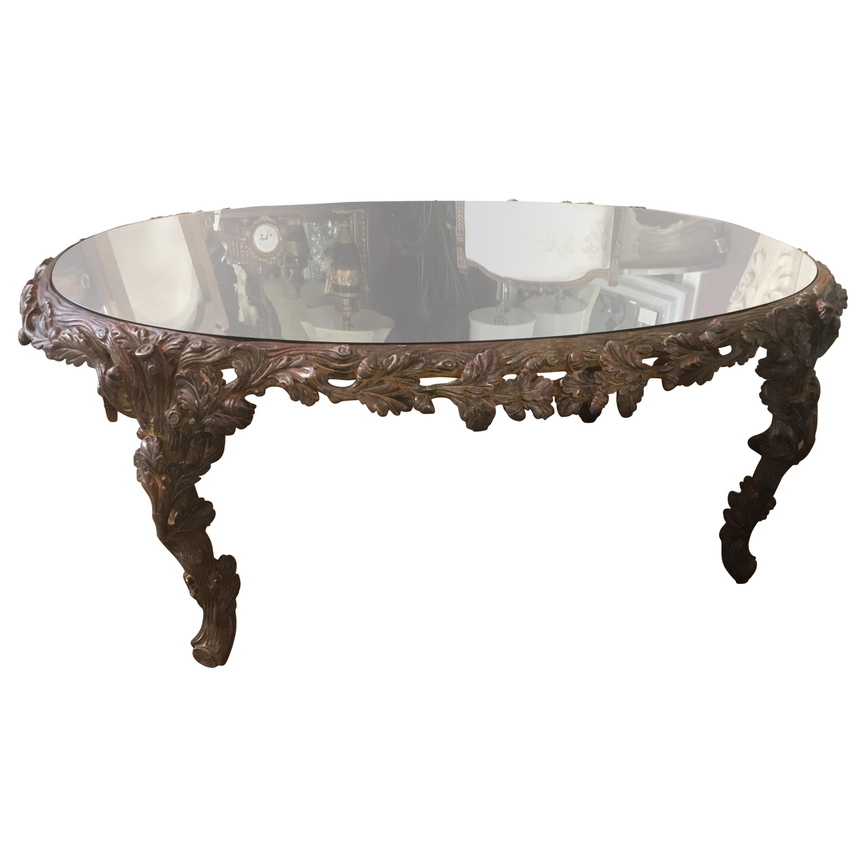 Italian Faux Bois Coffee Table with Bronze Antiqued Mirror Top, Oblong