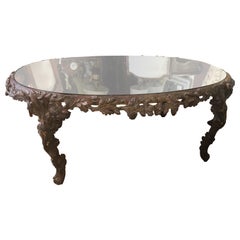 Retro Italian Faux Bois Coffee Table with Bronze Antiqued Mirror Top, Oblong