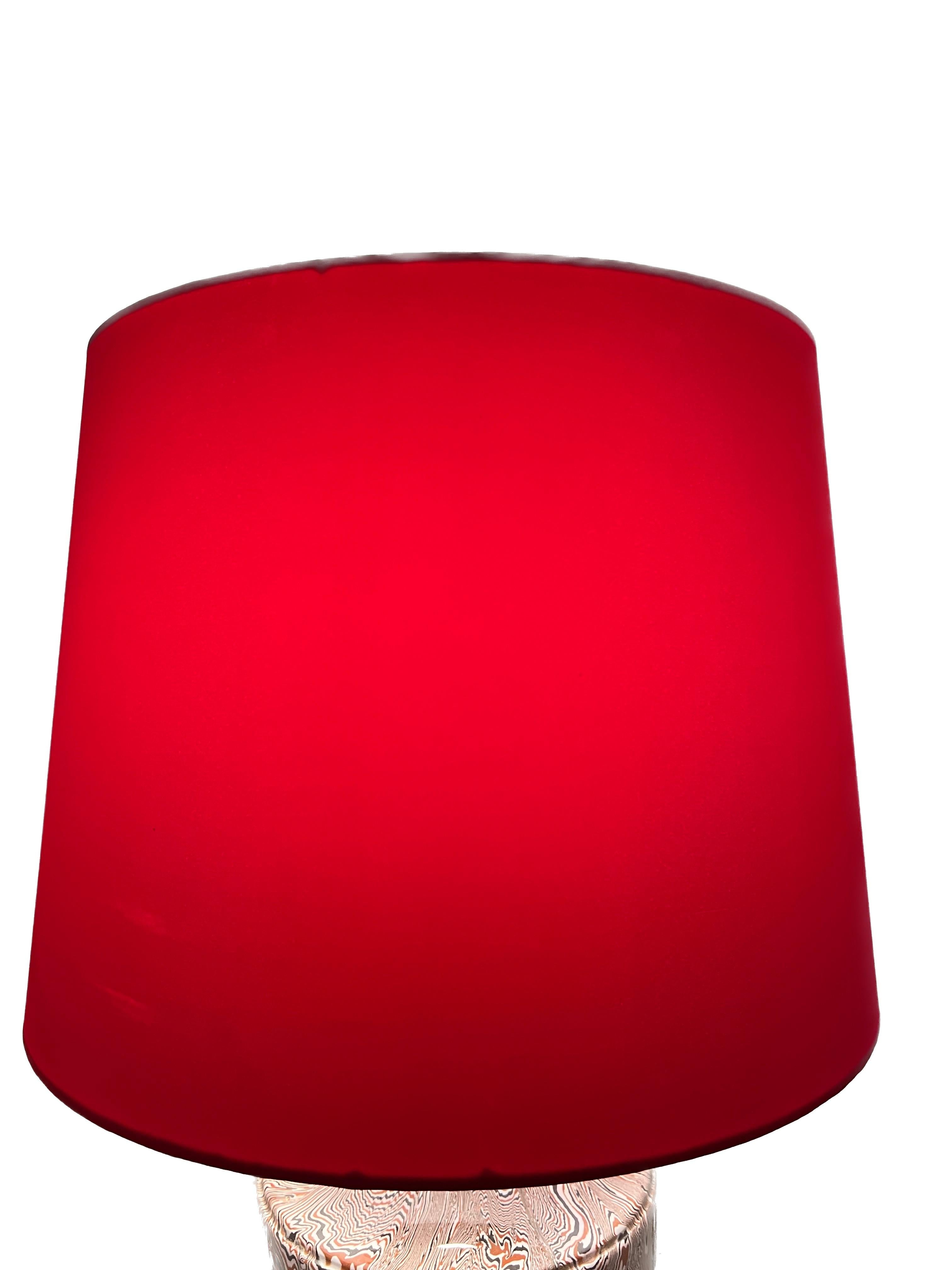 20th Century Italian Faux Bois Lamp with Red Silk Shade For Sale