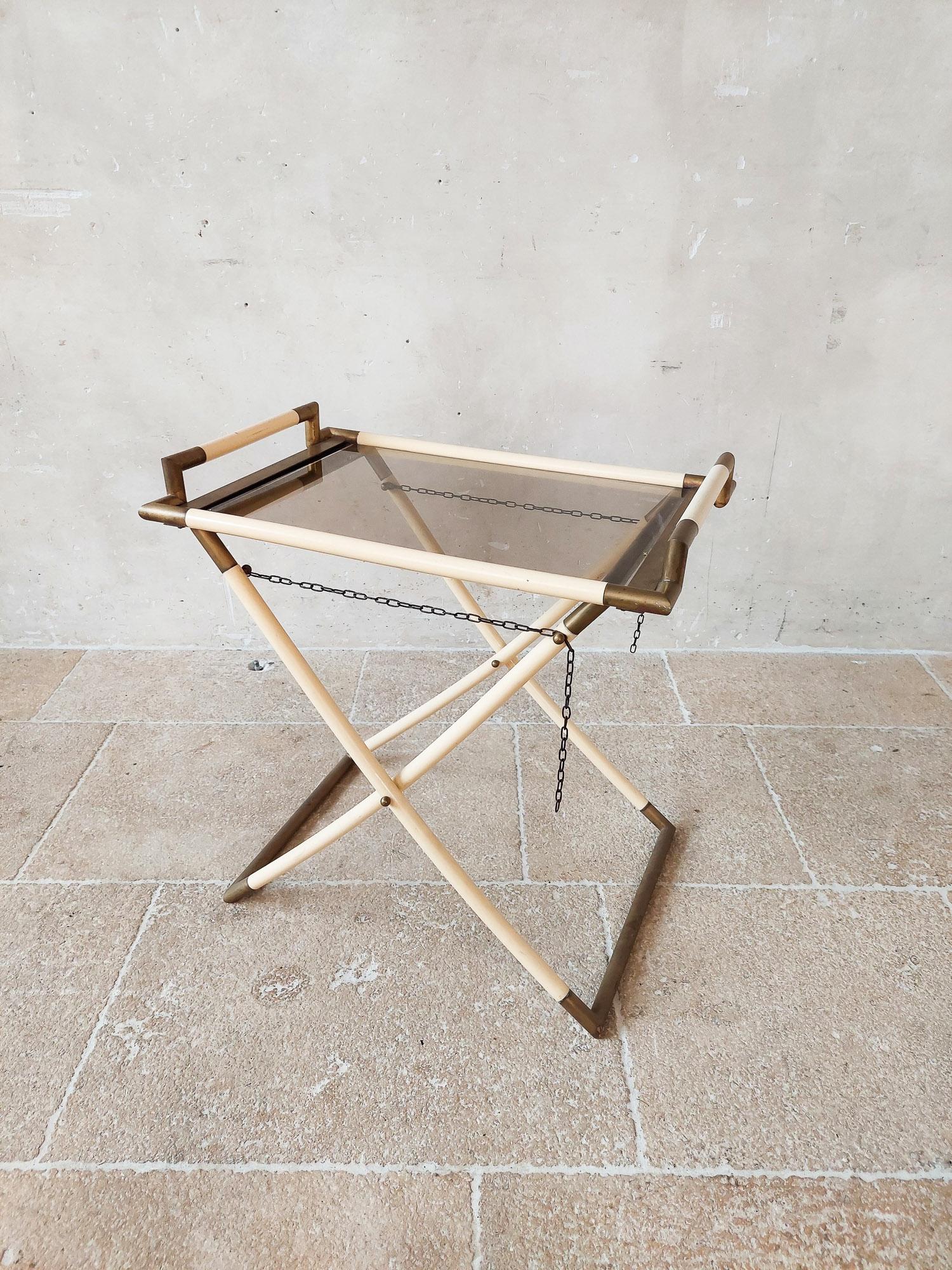 Mid-Century Modern Italian Faux Ivory and Brass Folding Tray Table by Tommaso Barbi