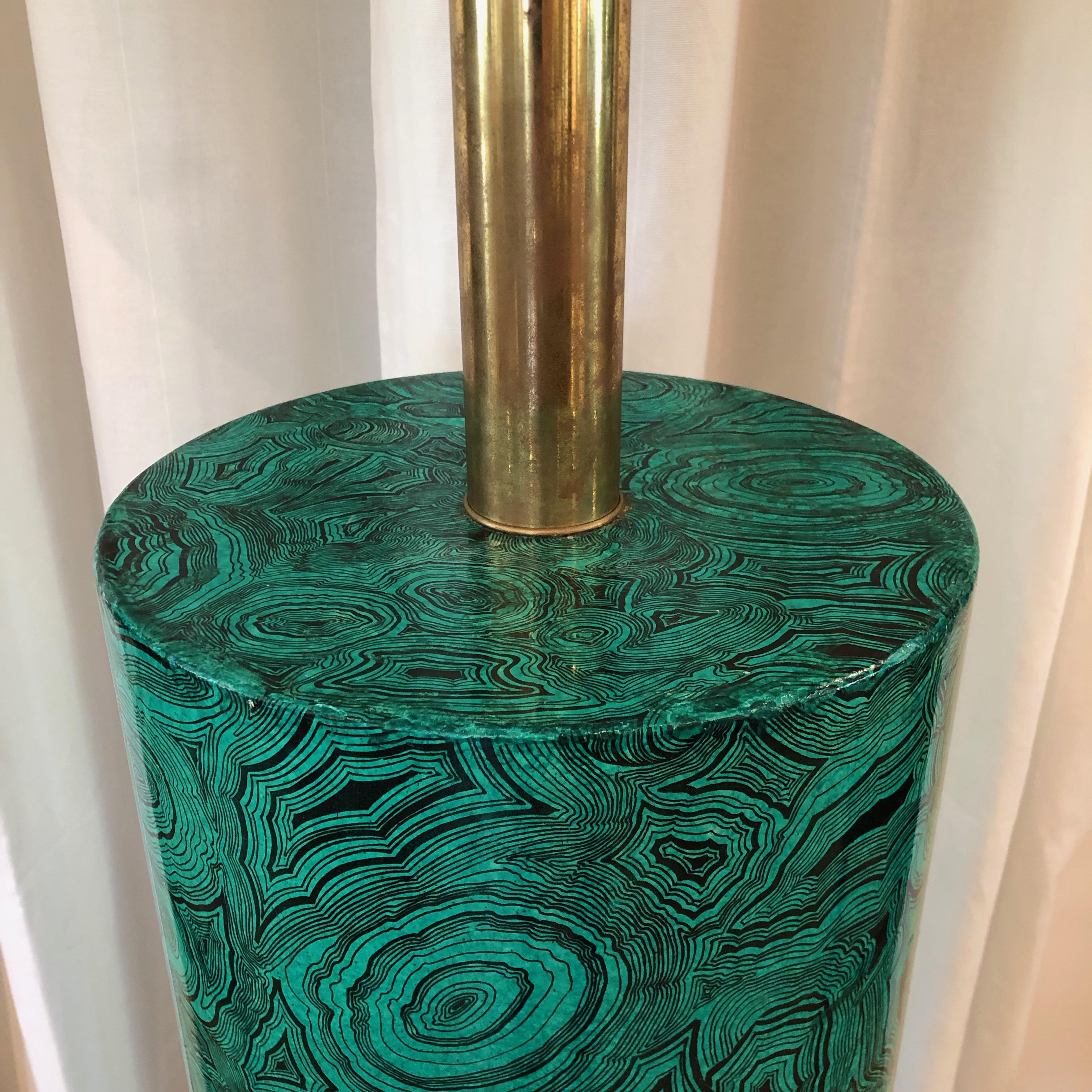 Fabulous faux malachite floor lamp by Piero Fornasetti in beautiful condition with all new wiring a great mid-century piece! It comes with a custom gold drum shade. 
Shade size: Top: 20.5