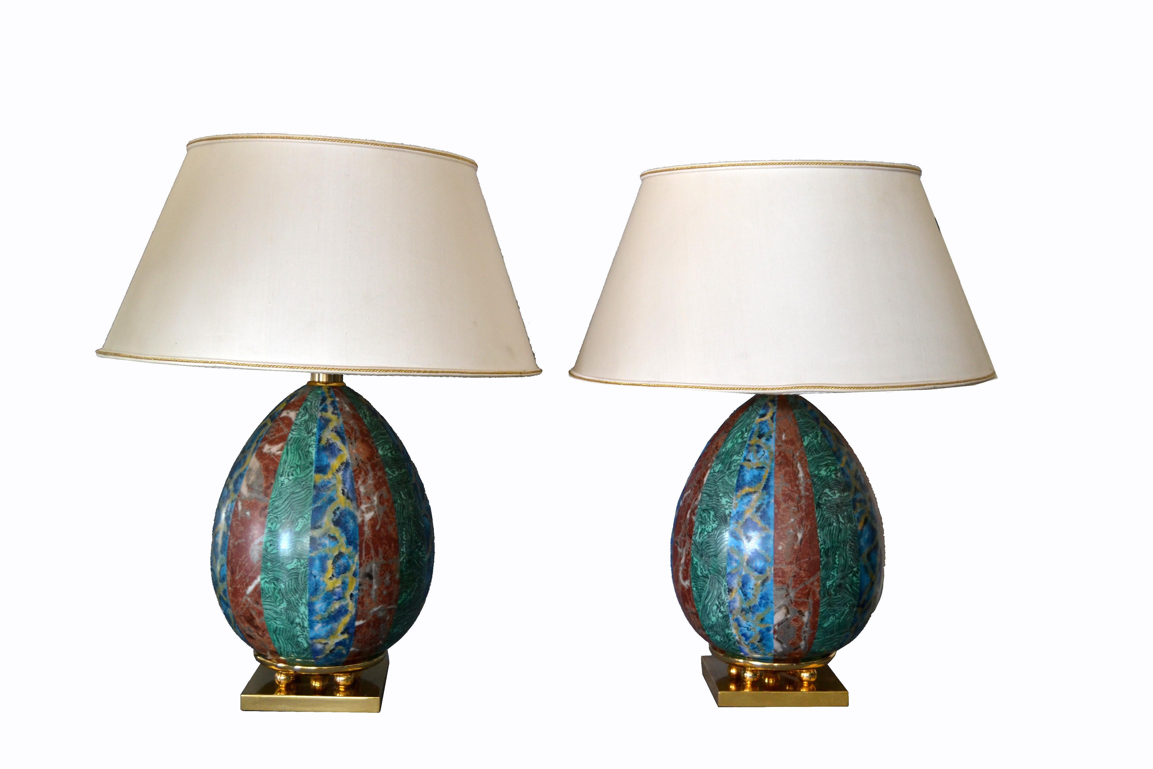 Pair, Italian Faux Marble and Brass Table Lamps from Florence For Sale 8